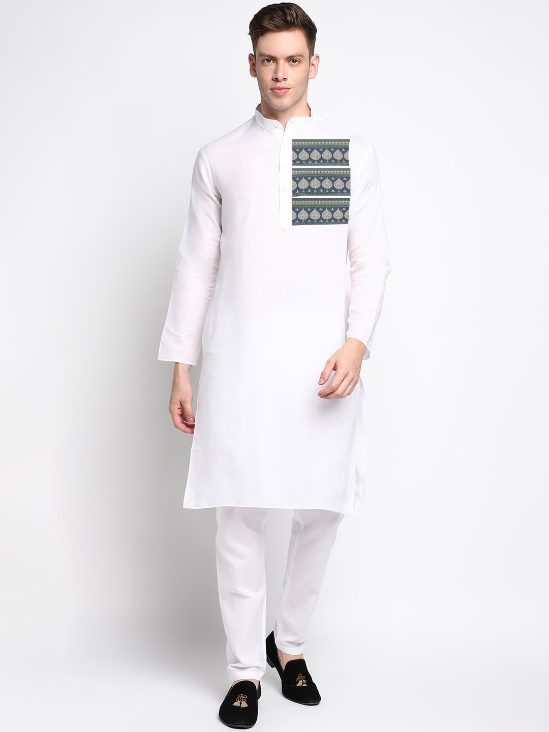 

DEVOILER Ethnic Motifs Printed Mandarin Collar Regular Kurta With Pyjamas, White