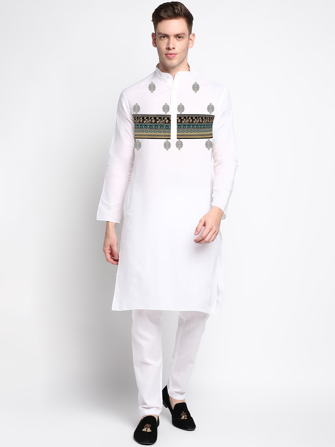 

DEVOILER Ethnic Motifs Printed Band Collar Kurta with Pyjamas, White