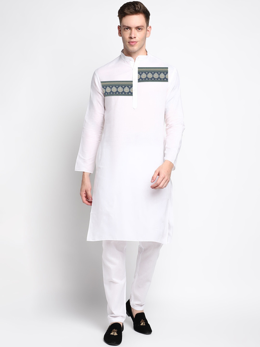 

DEVOILER Ethnic Motifs Printed Band Collar Long Sleeve Regular Kurta With Pyjama, White