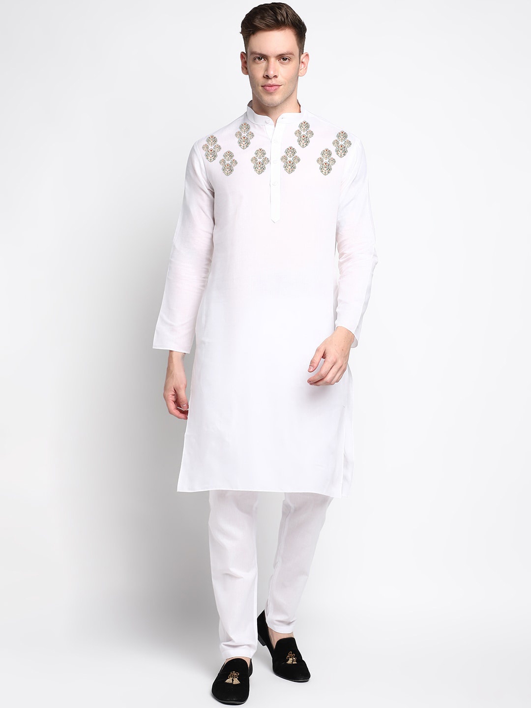 

DEVOILER Ethnic Motifs Printed Mandarin Collar Regular Kurta With Pyjamas, White