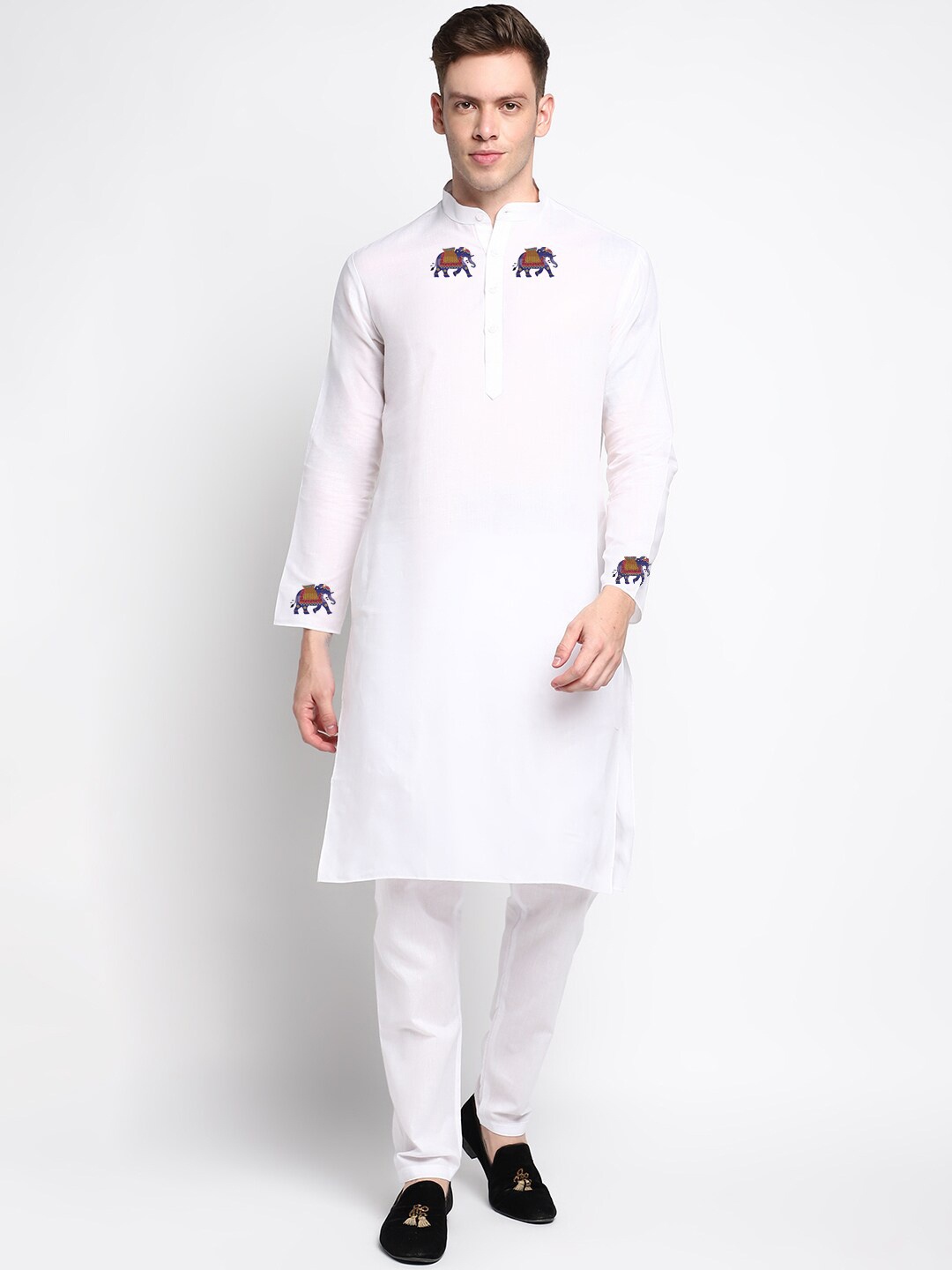 

DEVOILER Ethnic Motifs Printed Band Collar Kurta with Pyjamas, White