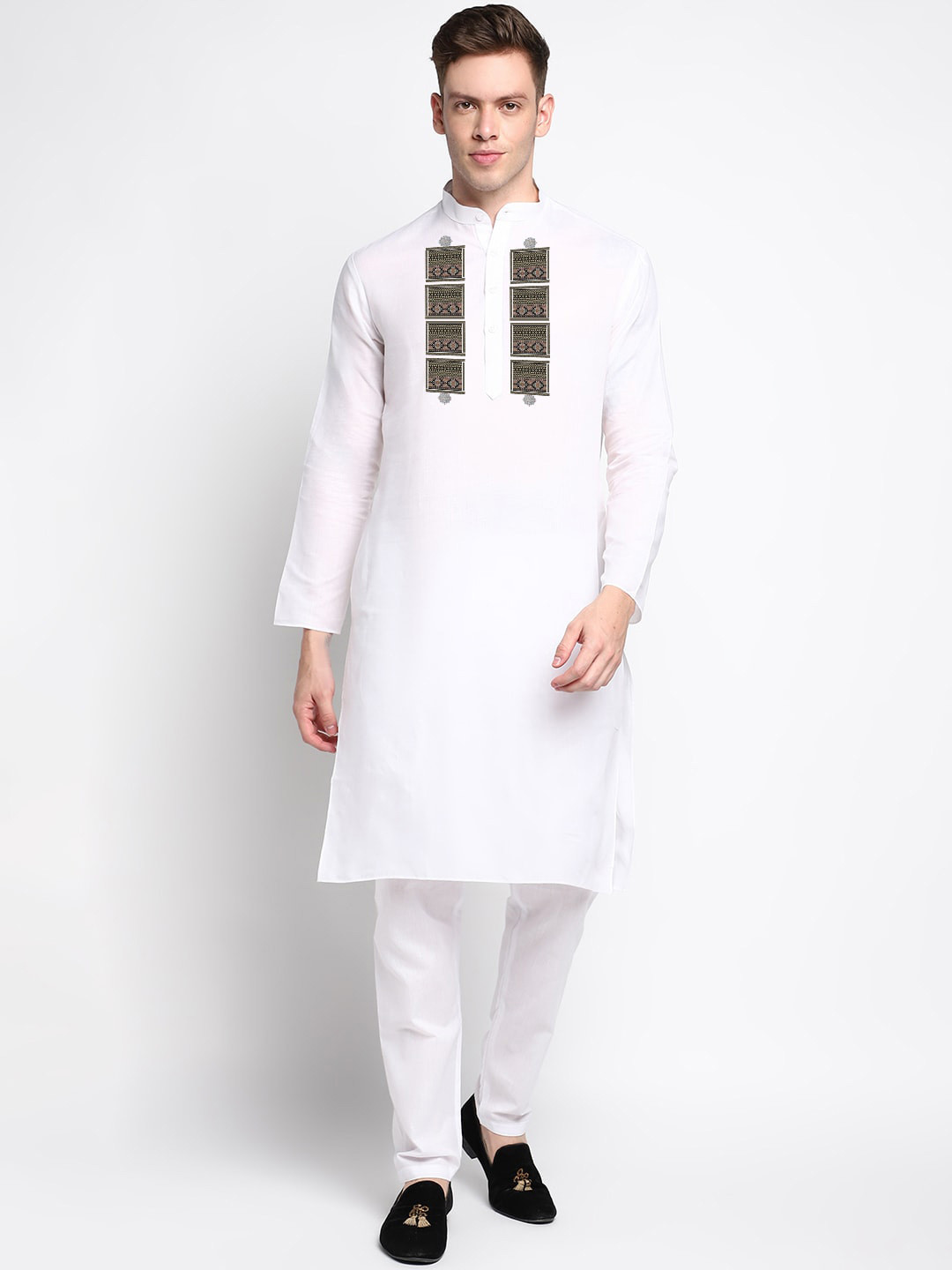 

DEVOILER Ethnic Motifs Yoke Design Band Collar Straight Kurta With Pyjamas, White