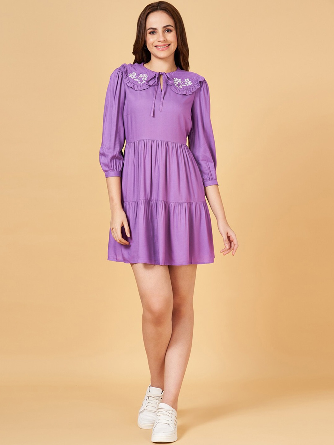 

Honey by Pantaloons Peter Pan Collar Puff Sleeves Ruffled Tiered Fit & Flare Dress, Purple