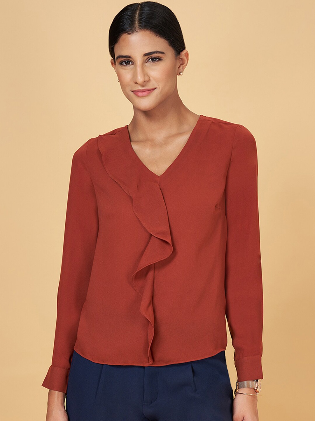 

Annabelle by Pantaloons V-Neck Ruffles Top, Brown