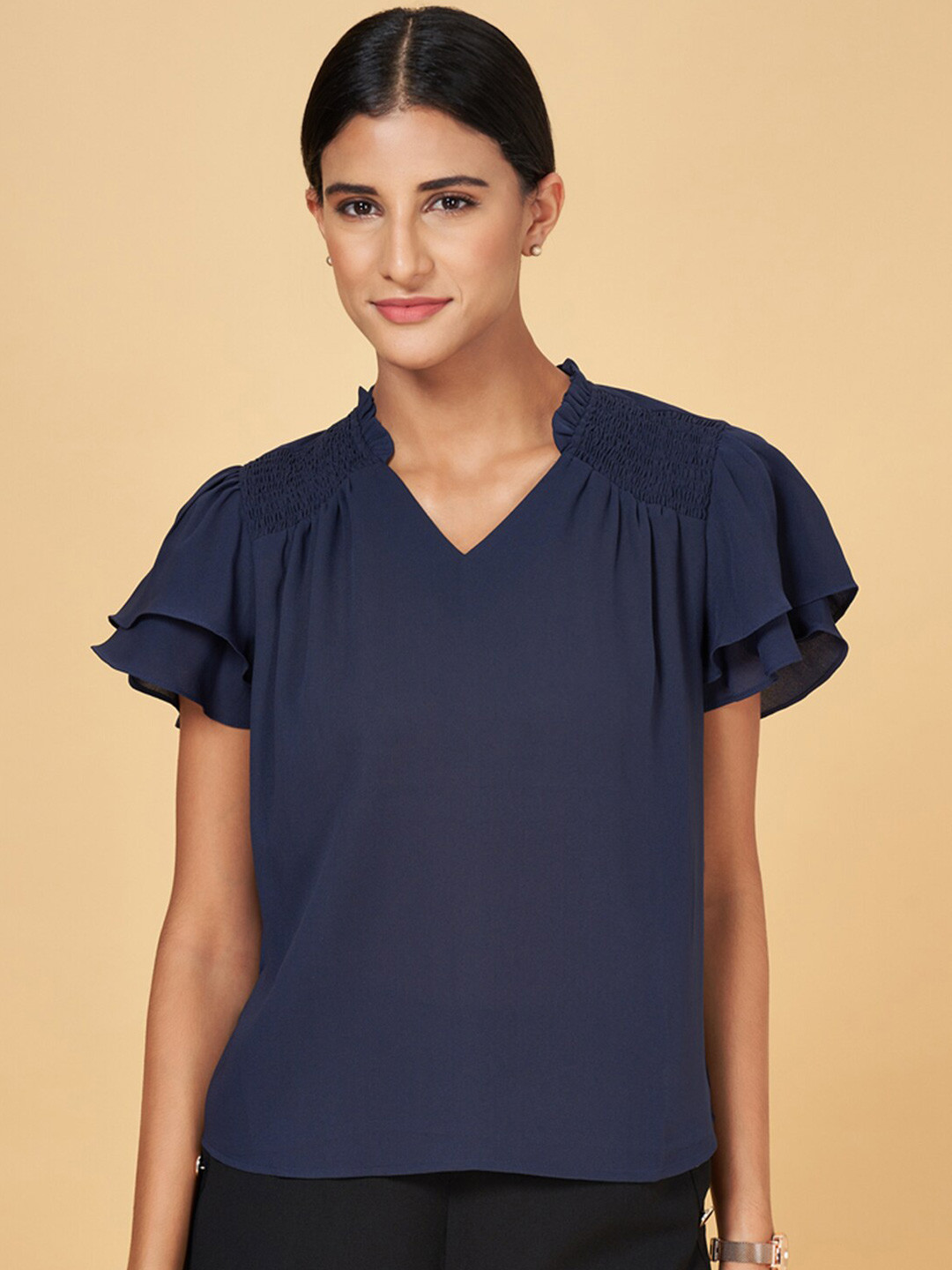 

Annabelle by Pantaloons V-Neck Smocked Flutter Sleeve Top, Navy blue