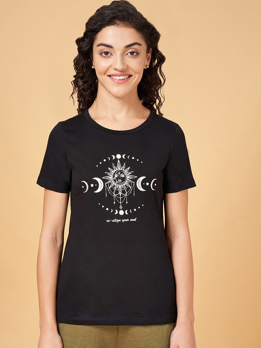 

Ajile by Pantaloons Graphic Printed Round Neck Cotton Casual T-shirt, Black