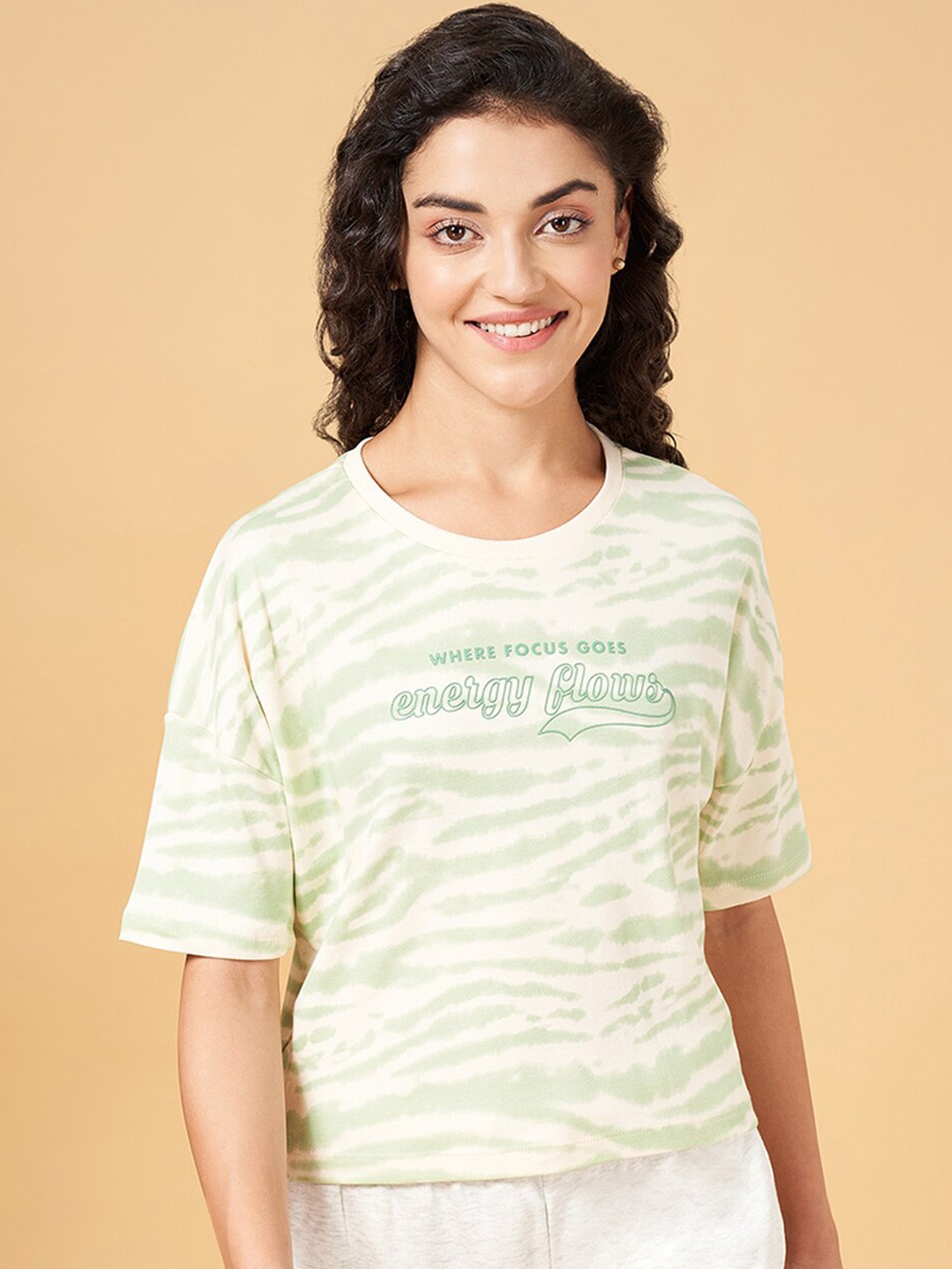 

Ajile by Pantaloons Abstract Printed Drop-Shoulder Sleeves Cotton Relaxed Fit T-shirt, Green