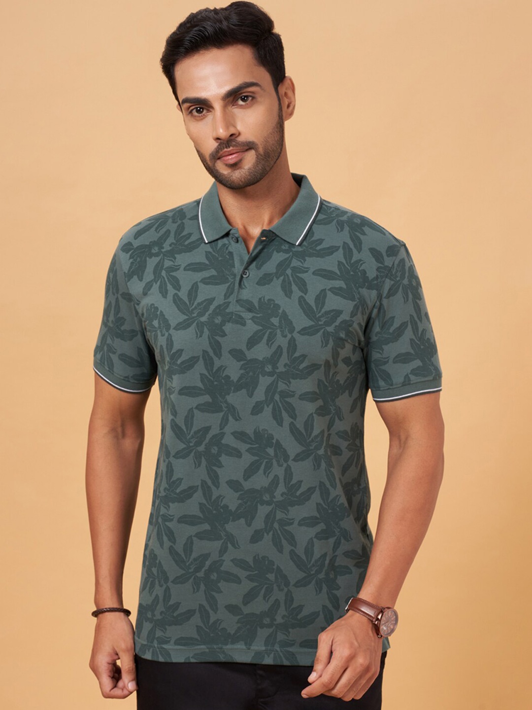 

BYFORD by Pantaloons Floral Printed Polo Collar Slim Fit T-shirt, Green