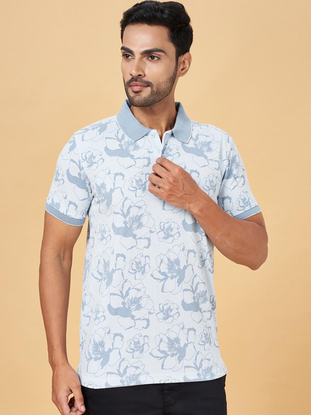 

BYFORD by Pantaloons Floral Printed Polo Collar Slim Fit T-shirt, Blue