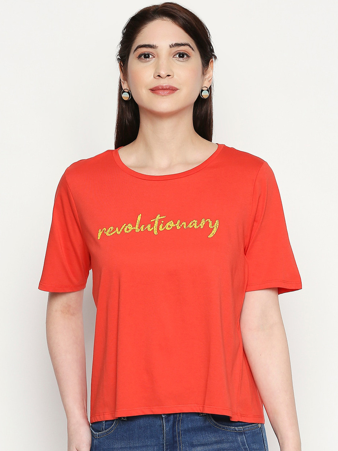 

People Typography Printed Round Neck Cotton T-shirt, Red