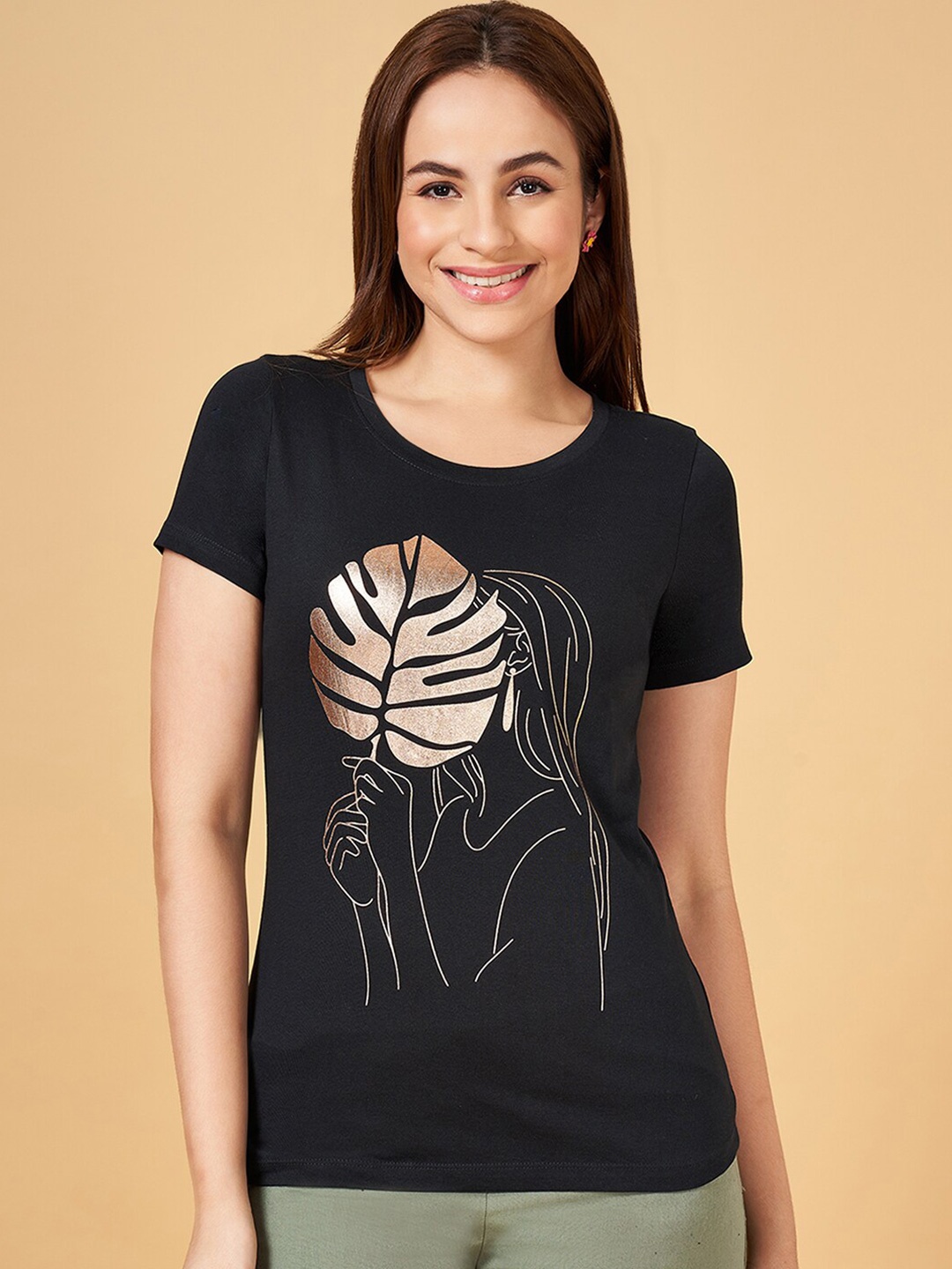 

Honey by Pantaloons Graphic Printed Cotton T-shirt, Black