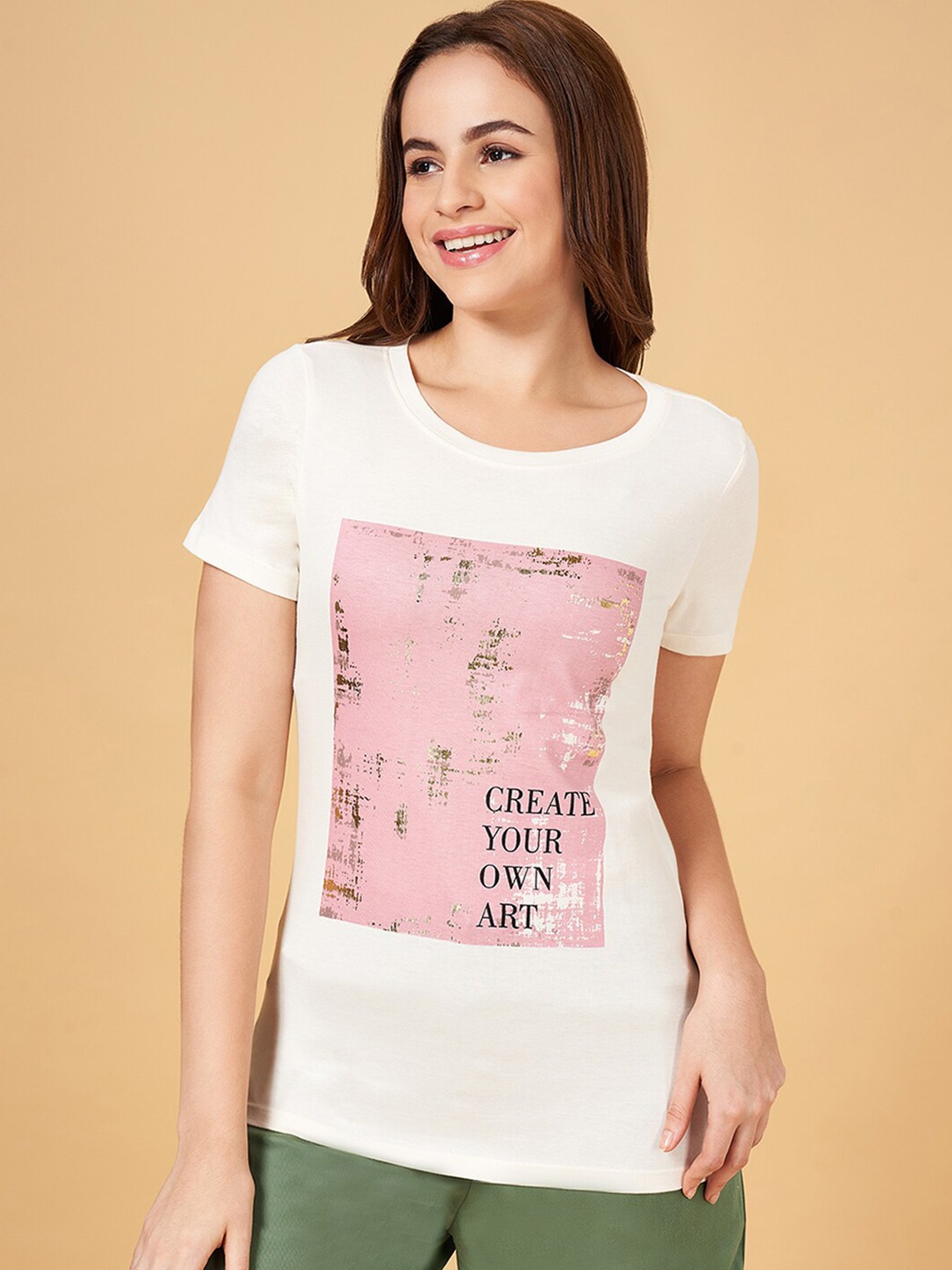 

Honey by Pantaloons Graphic Printed Cotton T-shirt, Off white