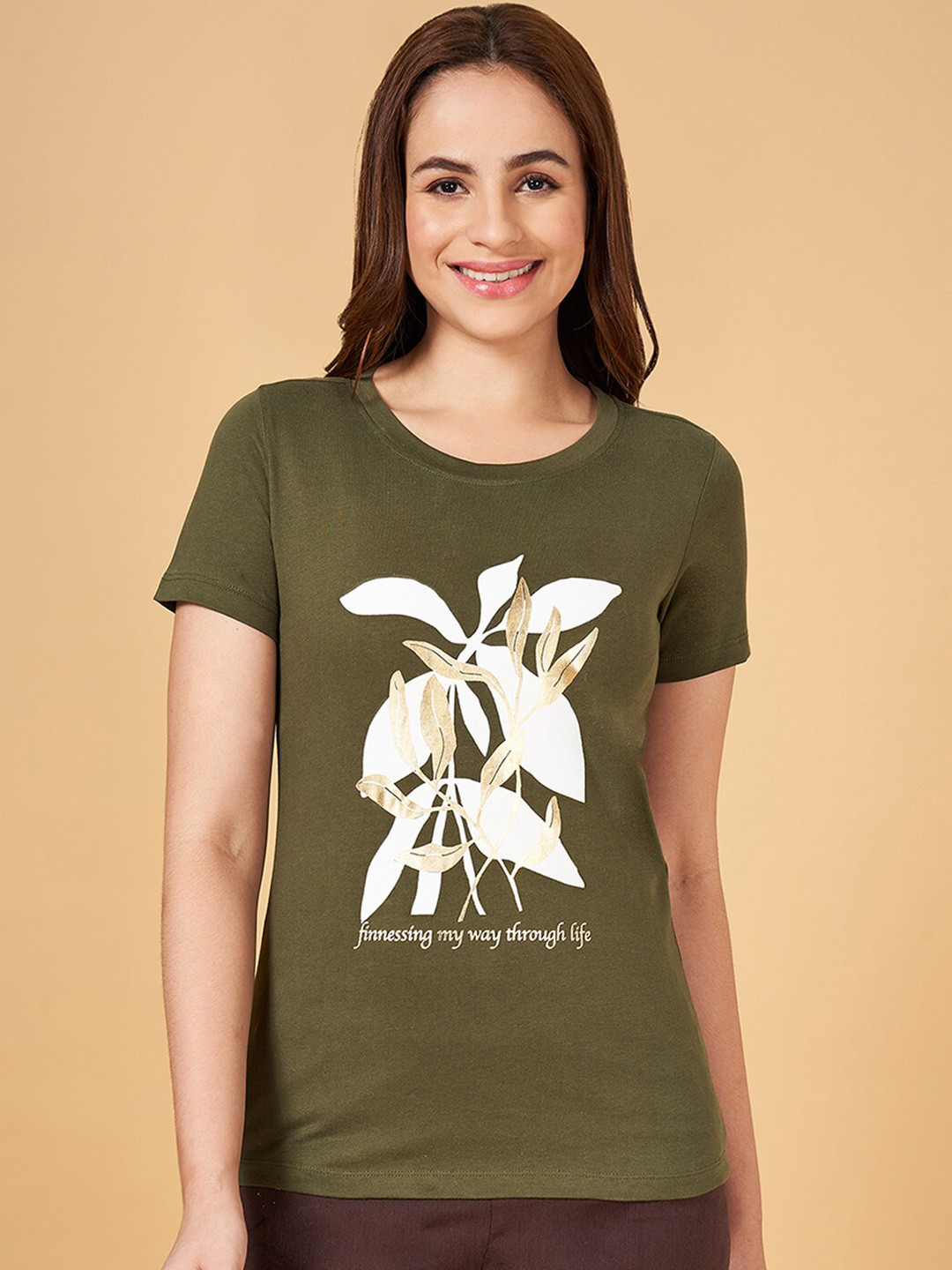 

Honey by Pantaloons Floral Printed Short Sleeves Cotton T-shirt, Olive