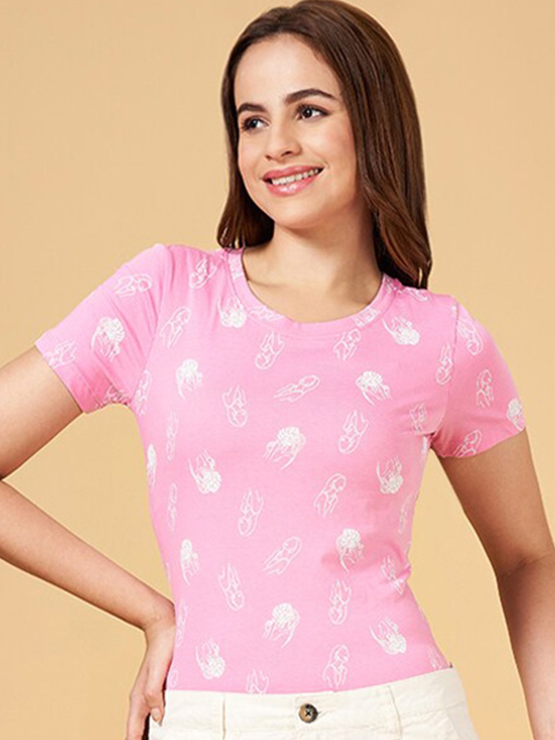

Honey by Pantaloons Conversational Printed Cotton T-shirt, Pink
