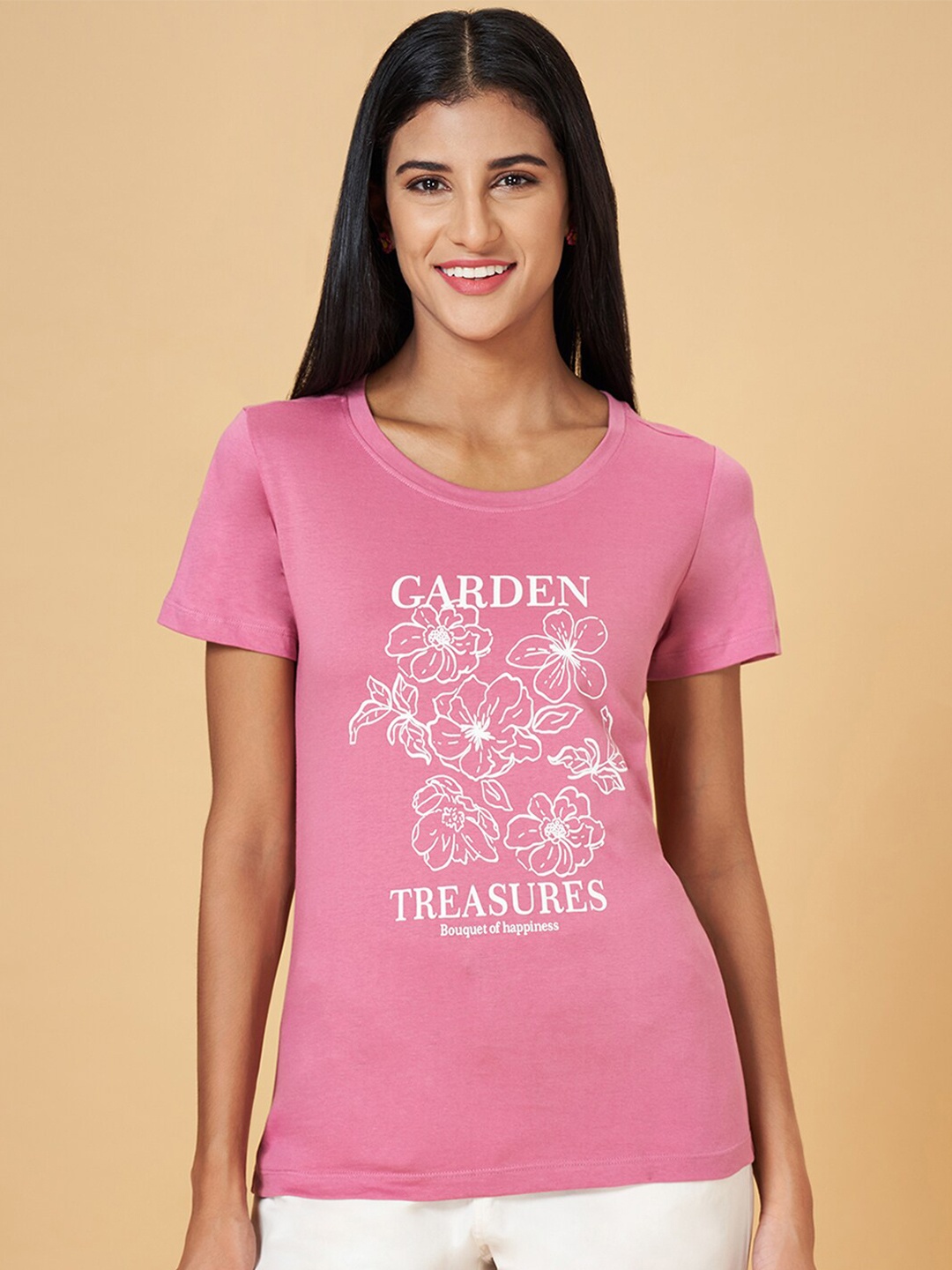 

Honey by Pantaloons Floral Printed Short Sleeves Cotton T-shirt, Pink
