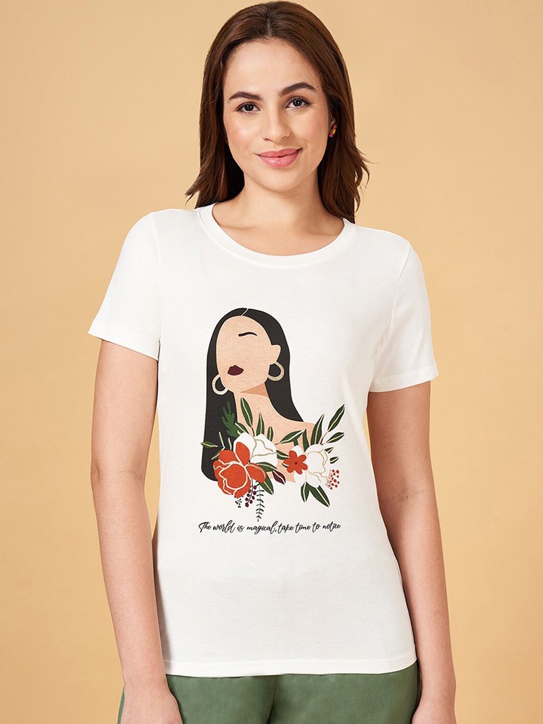 

Honey by Pantaloons Graphic Printed Short Sleeves Cotton T-shirt, Off white