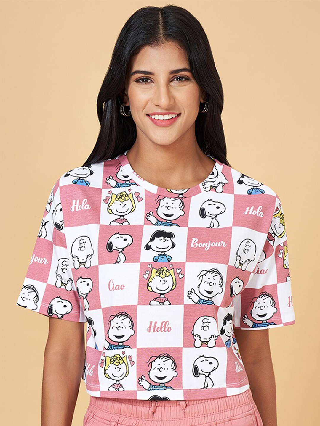 

Honey by Pantaloons Snoopy Printed Cotton Crop T-shirt, Off white
