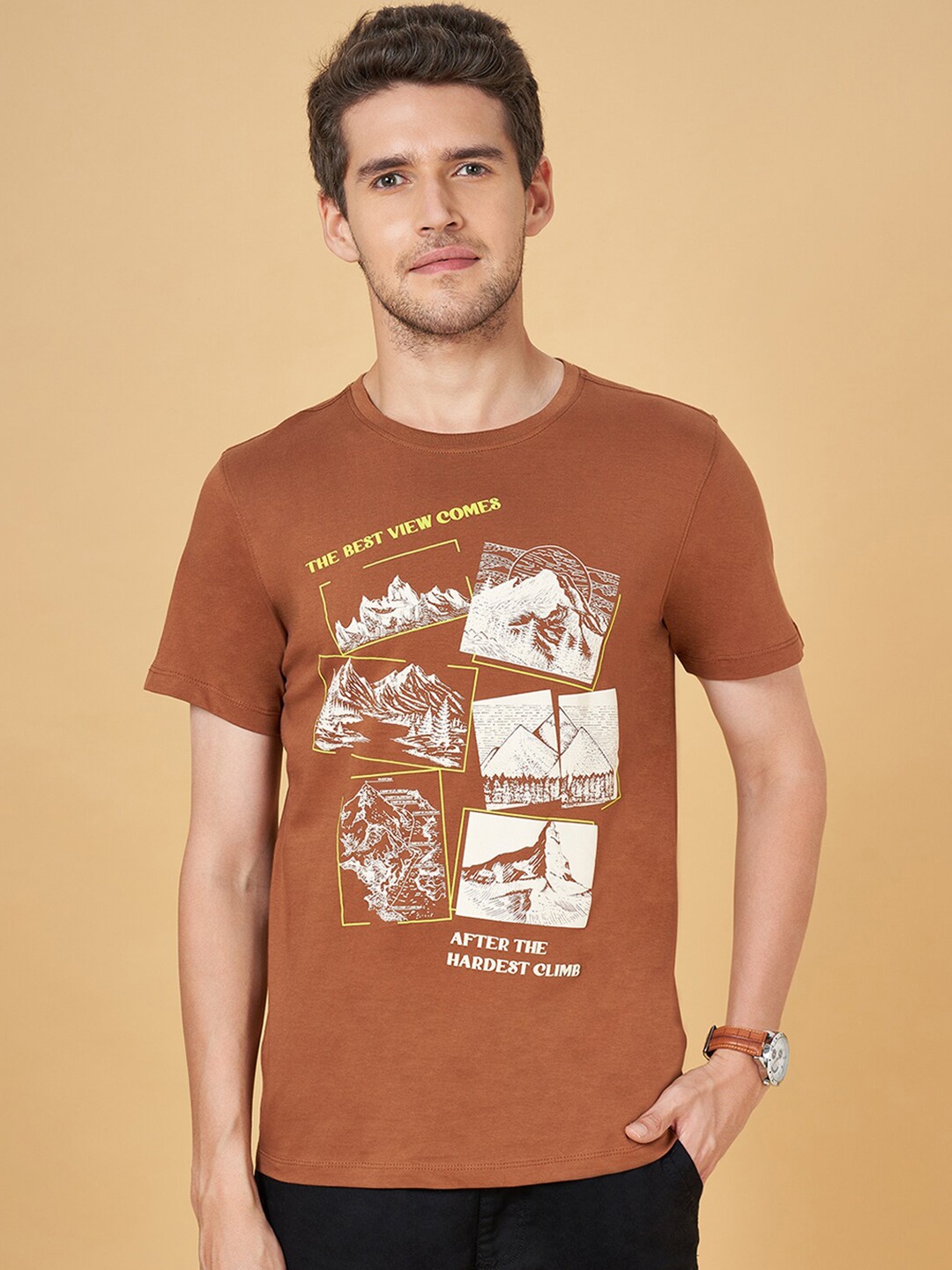 

Urban Ranger by pantaloons Graphic Printed Cotton Slim Fit T-shirt, Brown