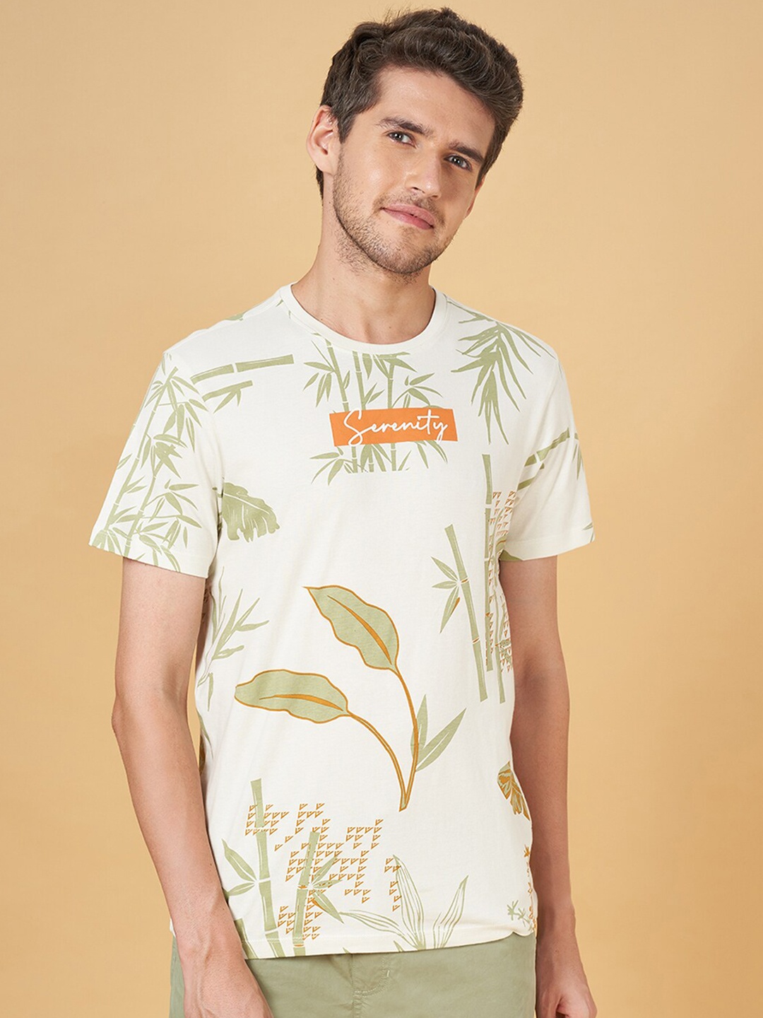 

Urban Ranger by pantaloons Tropical Printed Cotton Slim Fit T-shirt, Off white