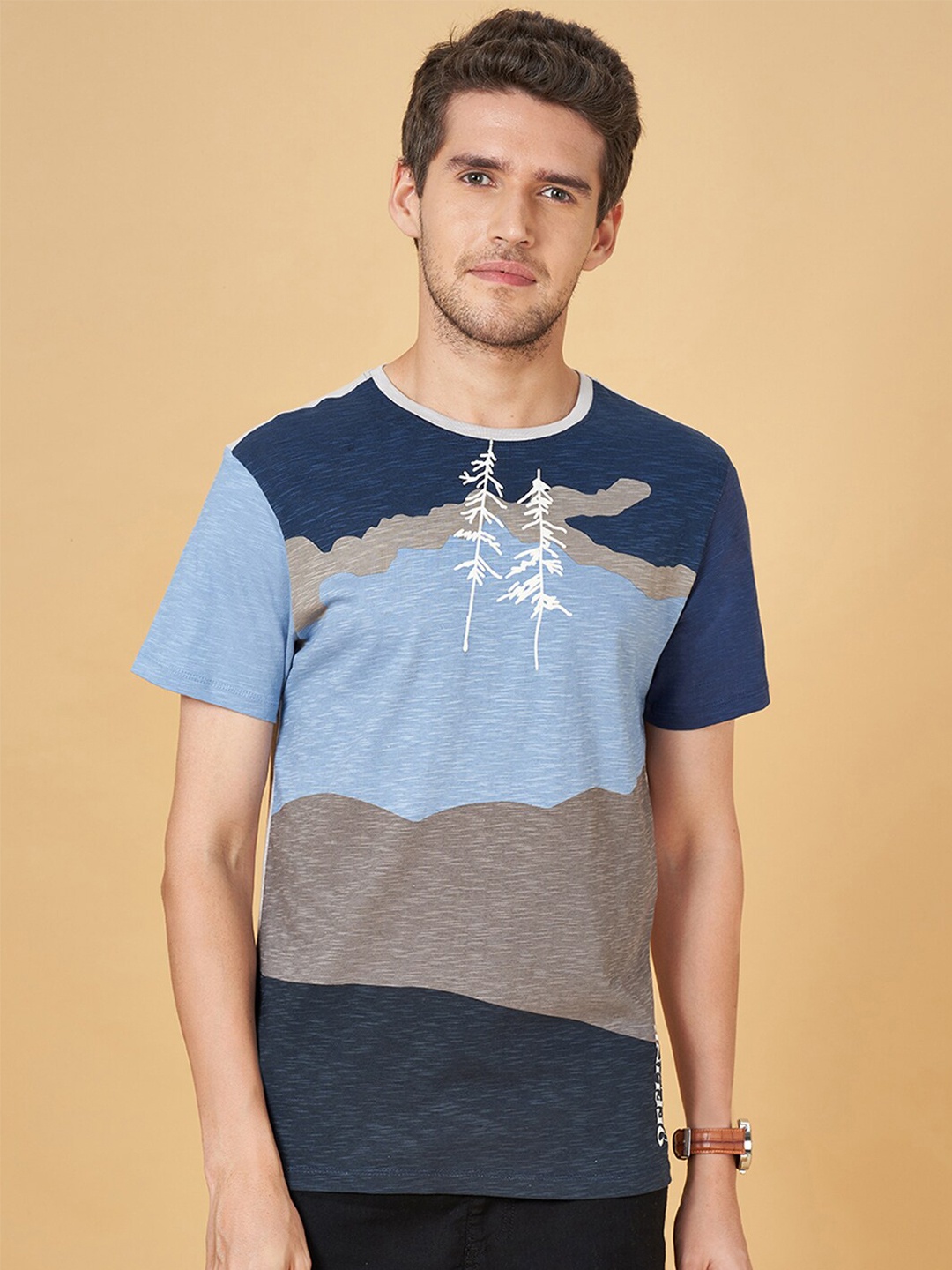Urban Ranger by pantaloons Abstract Printed Cotton Slim Fit T-shirt, Blue