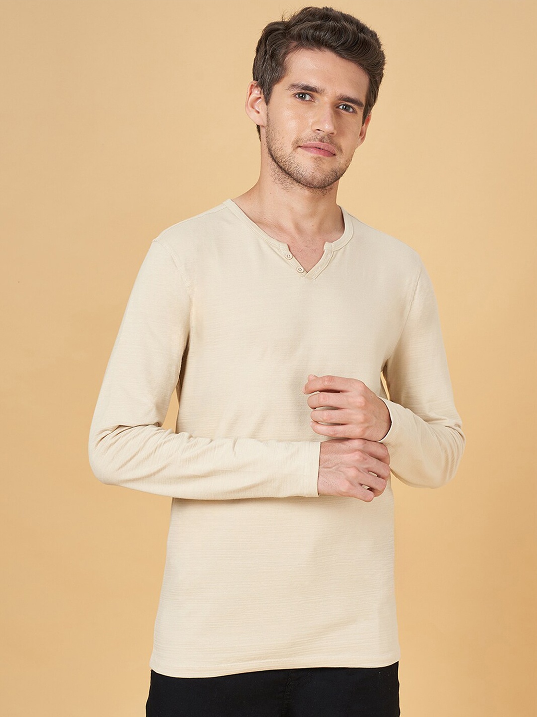 

Urban Ranger by pantaloons Henley Neck Long Sleeves Slim Fit T-shirt, Beige