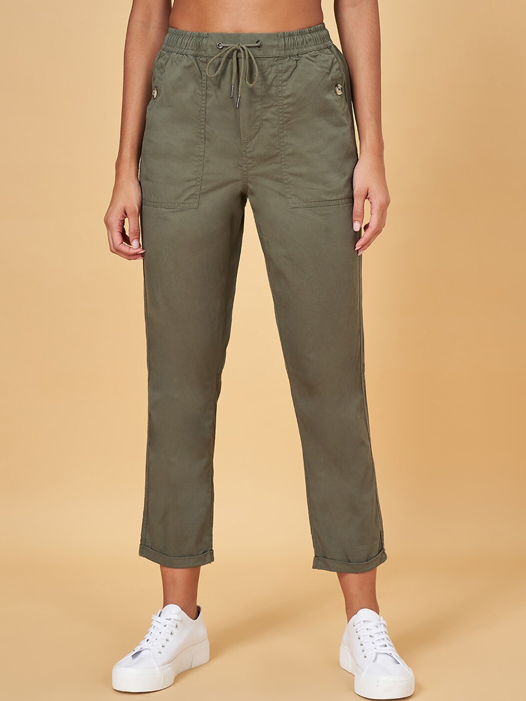 

Honey by Pantaloons Women High-Rise Plain Cotton Cropped Trousers, Olive