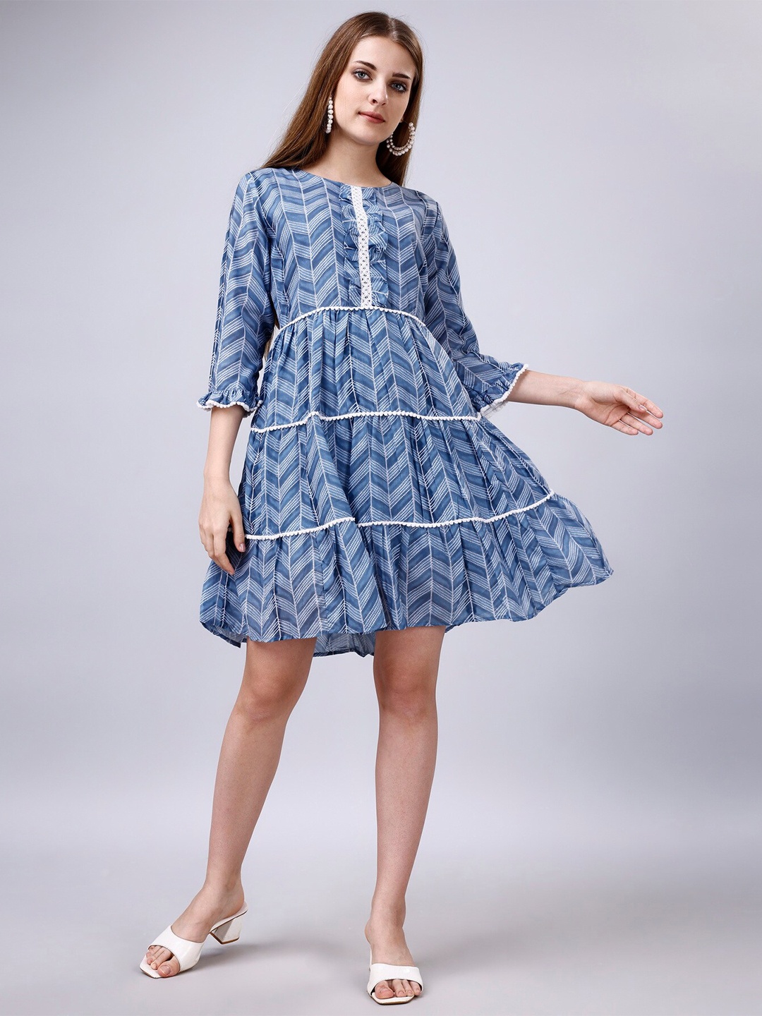 

Ekta Textiles Geometric Printed Cotton Tiered Pleated Fit & Flare Dress, Blue