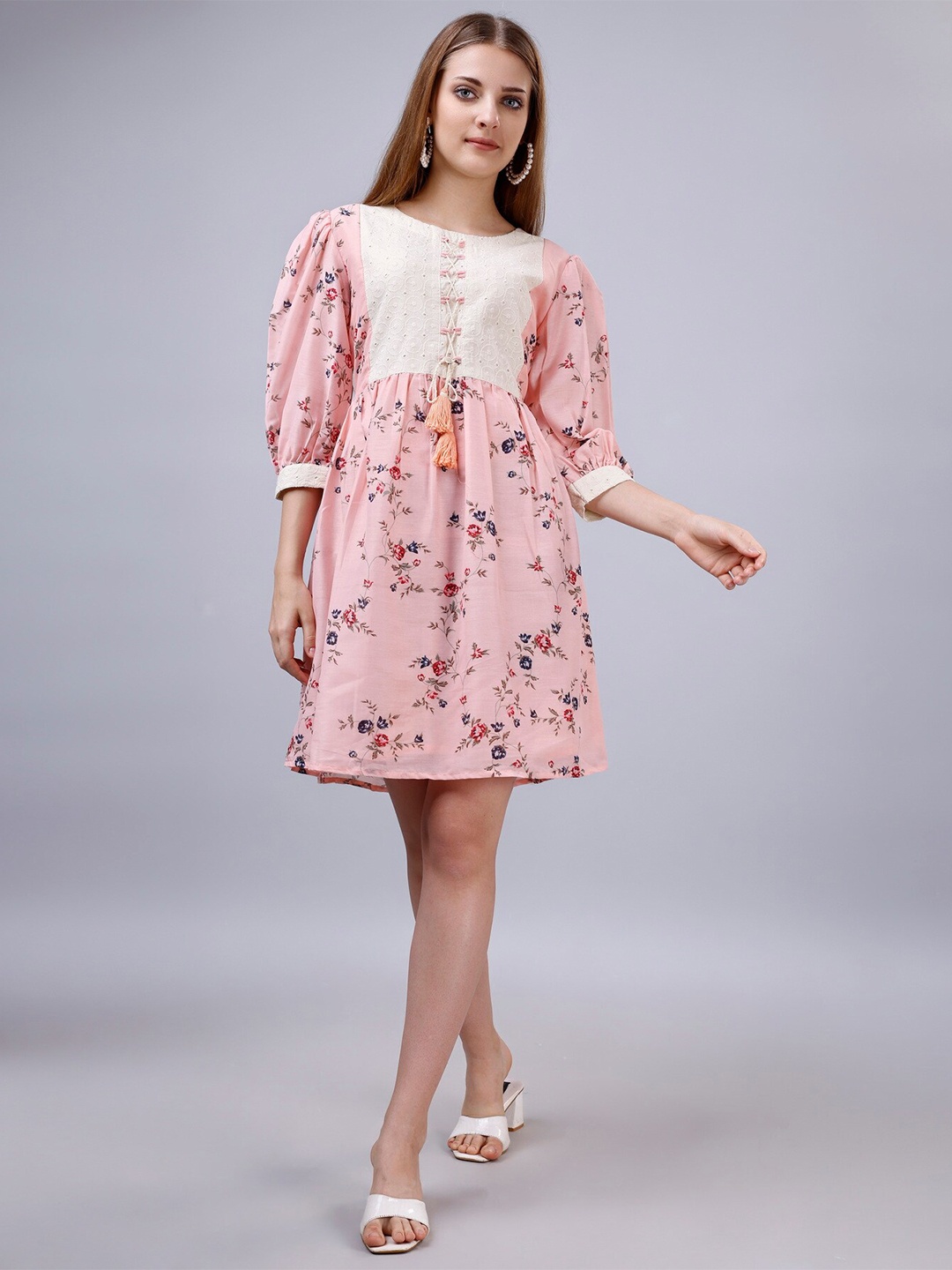 

Ekta Textiles Floral Printed Puff Sleeve Tie Up Schiffli Cotton A-Line Dress, Pink