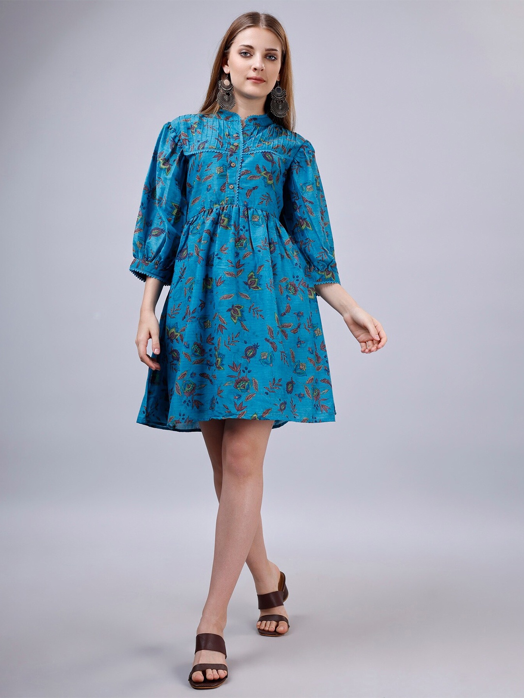 

Ekta Textiles Floral Printed Puff Sleeve Cotton Pleated A-Line Dress, Blue