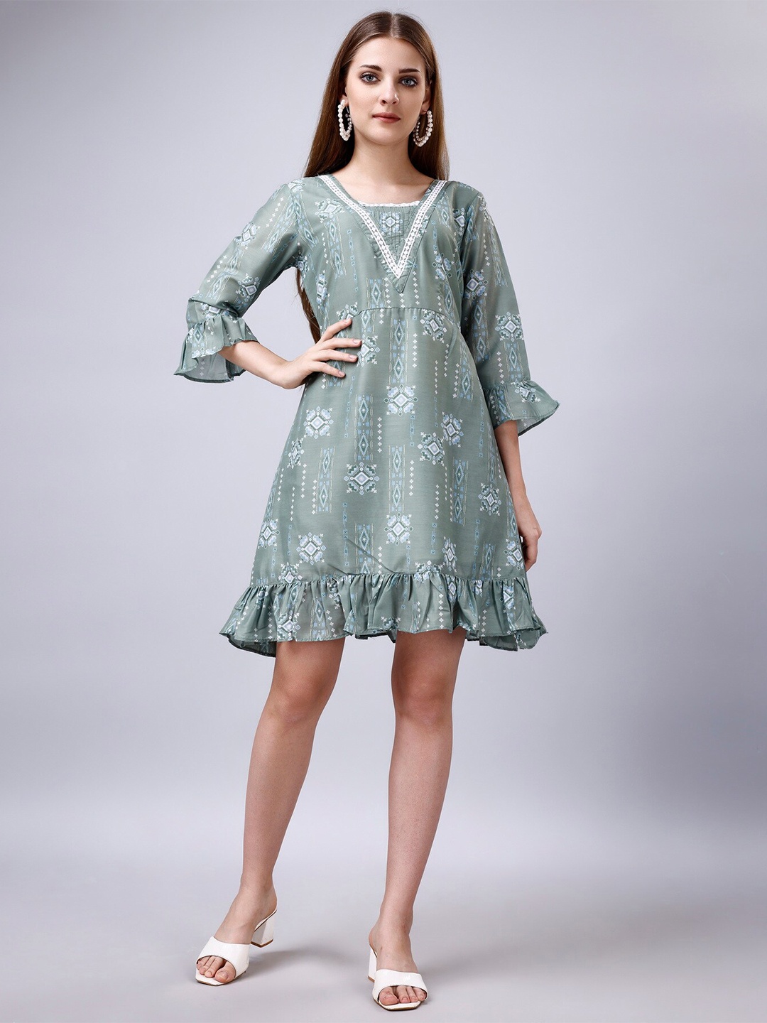 

Ekta Textiles Geometric Printed Cotton Ruffled Fit & Flared Dress, Green
