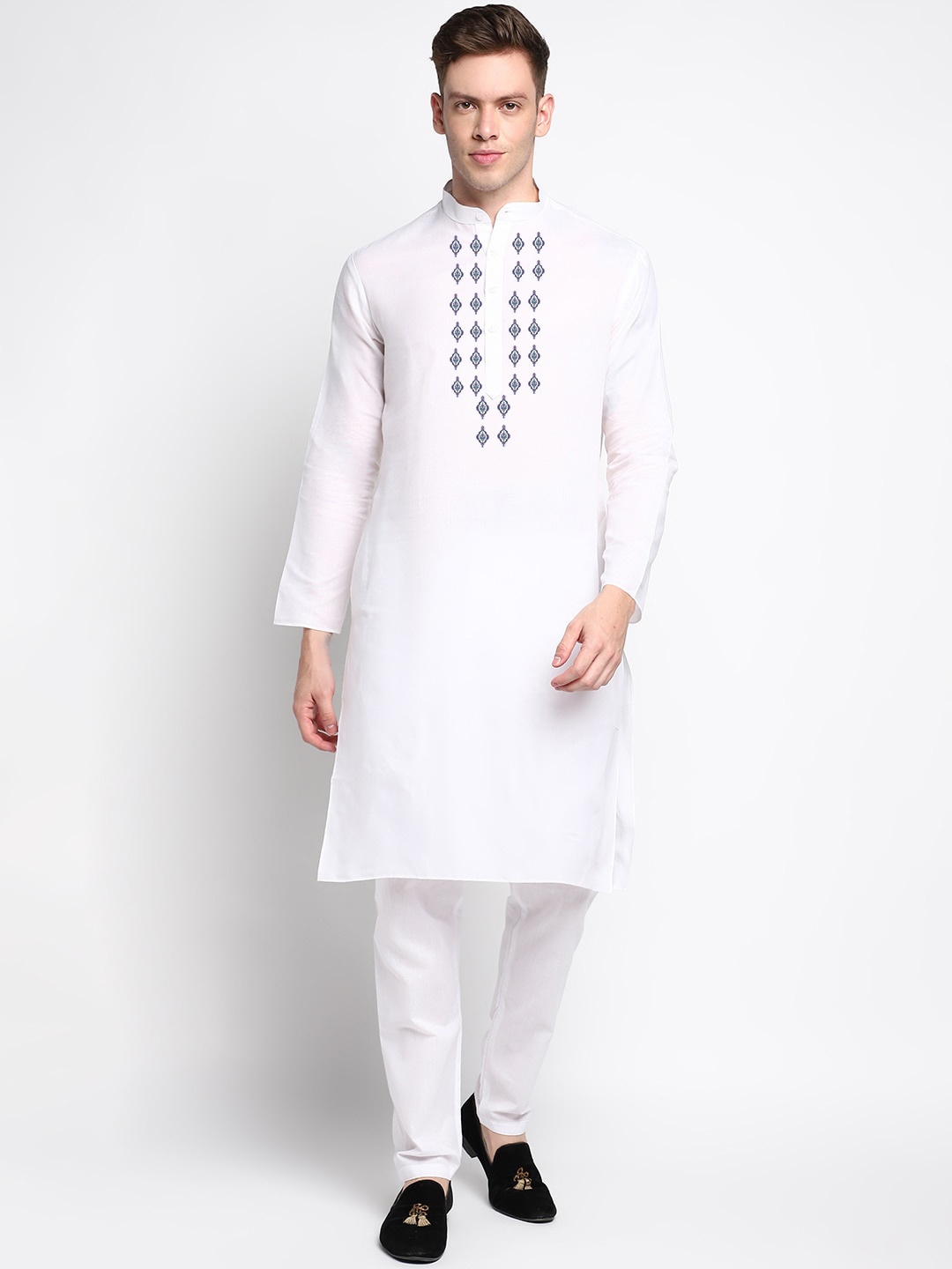 

DEVOILER Ethnic Motifs Printed Band Collar Long Sleeve Regular Kurta With Pyjamas, White