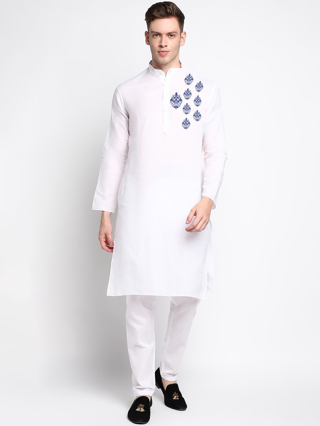 

DEVOILER Ethnic Motifs Printed Mandarin Collar Kurta with Pyjamas, White