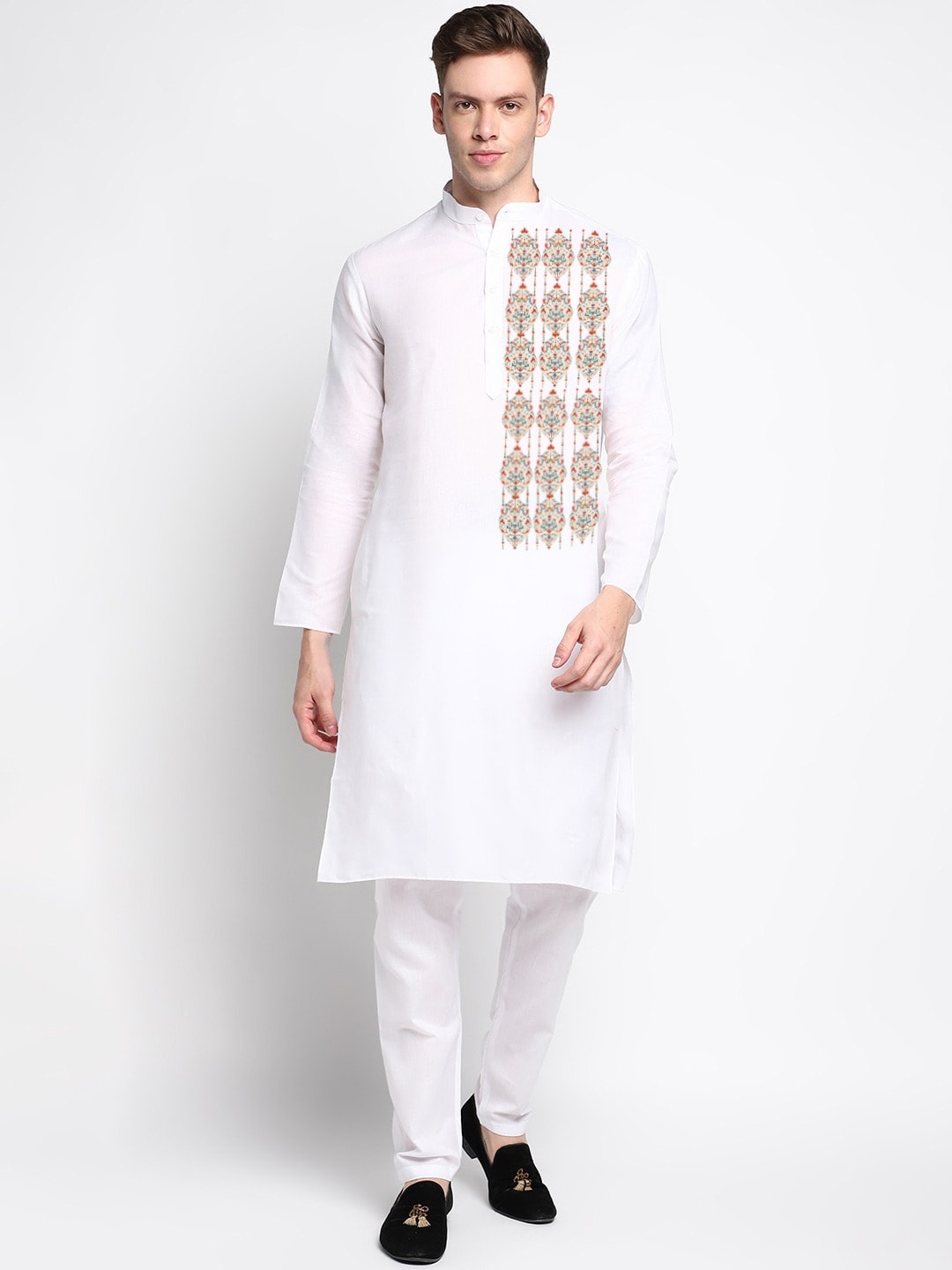 

DEVOILER Ethnic Motifs Printed Mandarin Collar Regular Kurta with Pyjamas, White