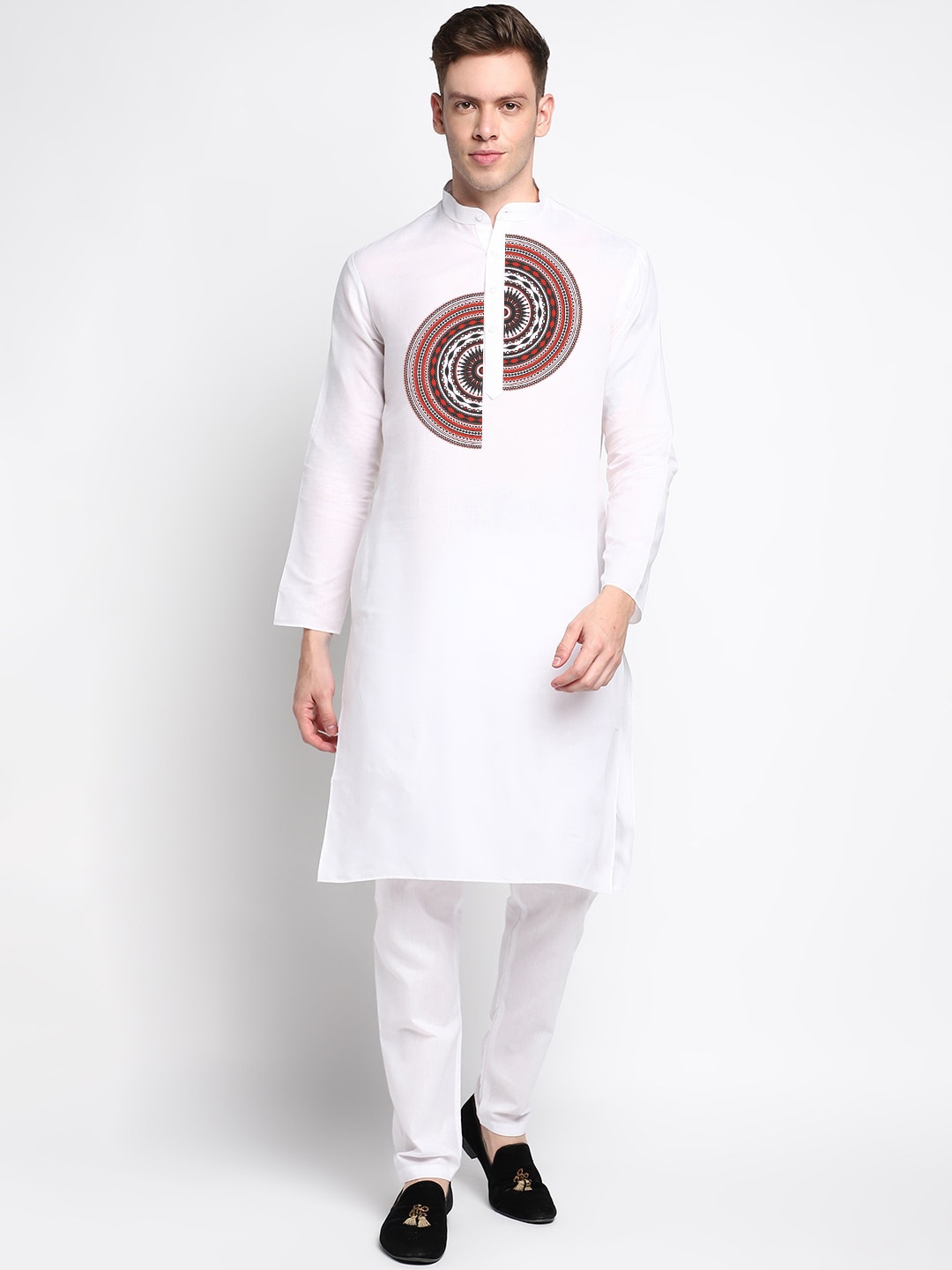 

DEVOILER Ethnic Motif Printed Mandarin Collar Regular Straight Kurta with Pyjamas, White