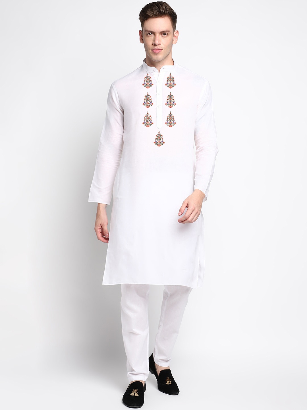 

DEVOILER Ethnic Motifs Printed Band Collar Long Sleeves Straight Kurta & Pyjama, White