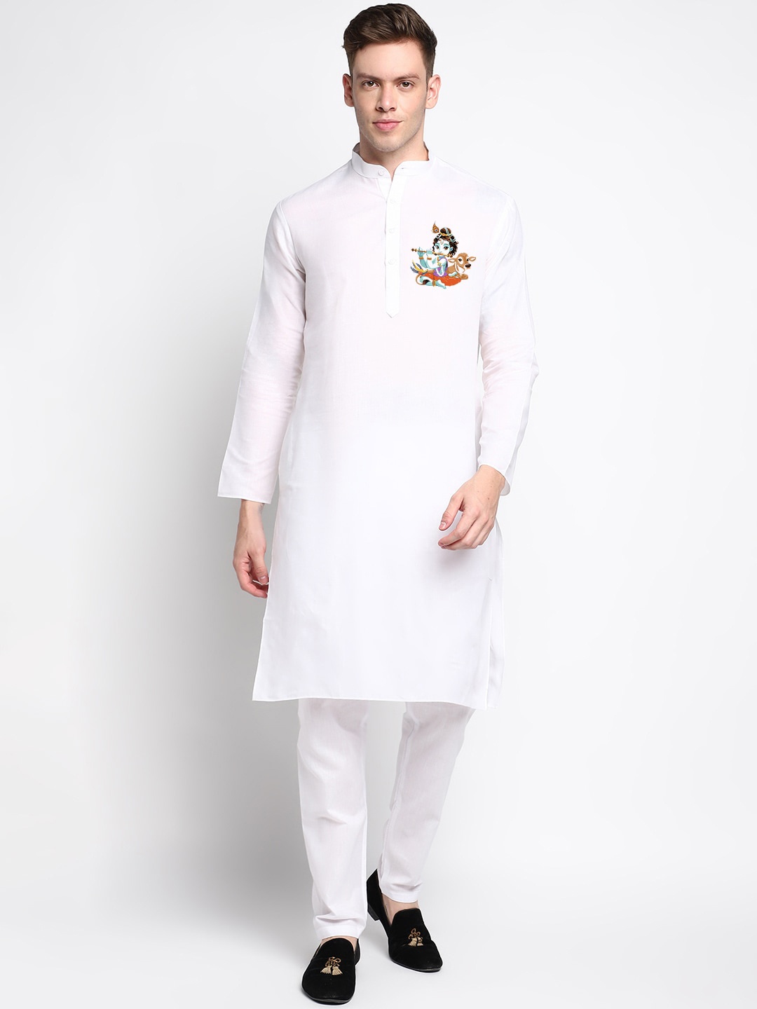 

DEVOILER Ethnic Motifs Printed Band Collar Long Sleeves Straight Kurta & Pyjama, White