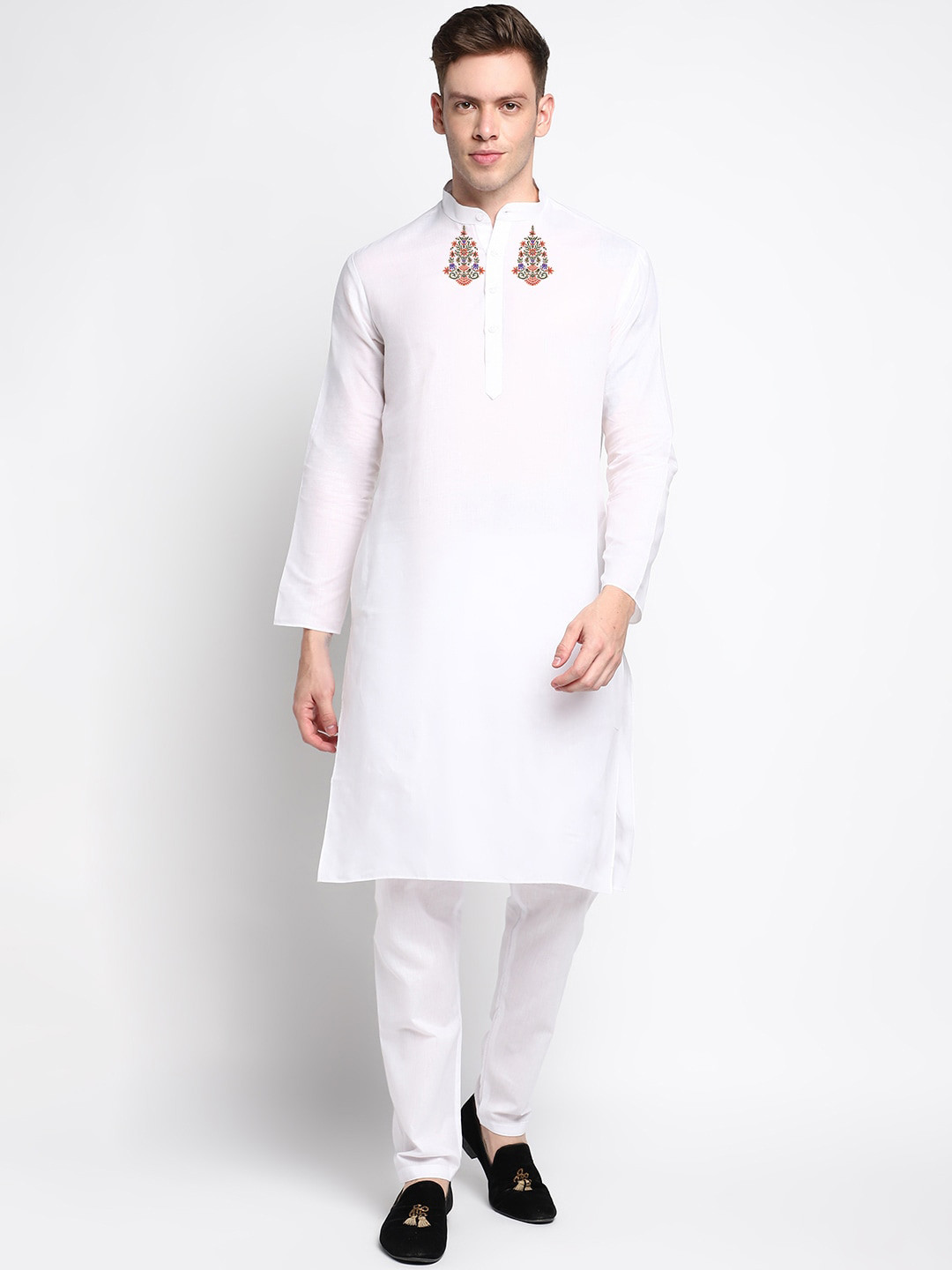 

DEVOILER Ethnic Motifs Printed Mandarin Collar Regular Kurta with Pyjamas, White