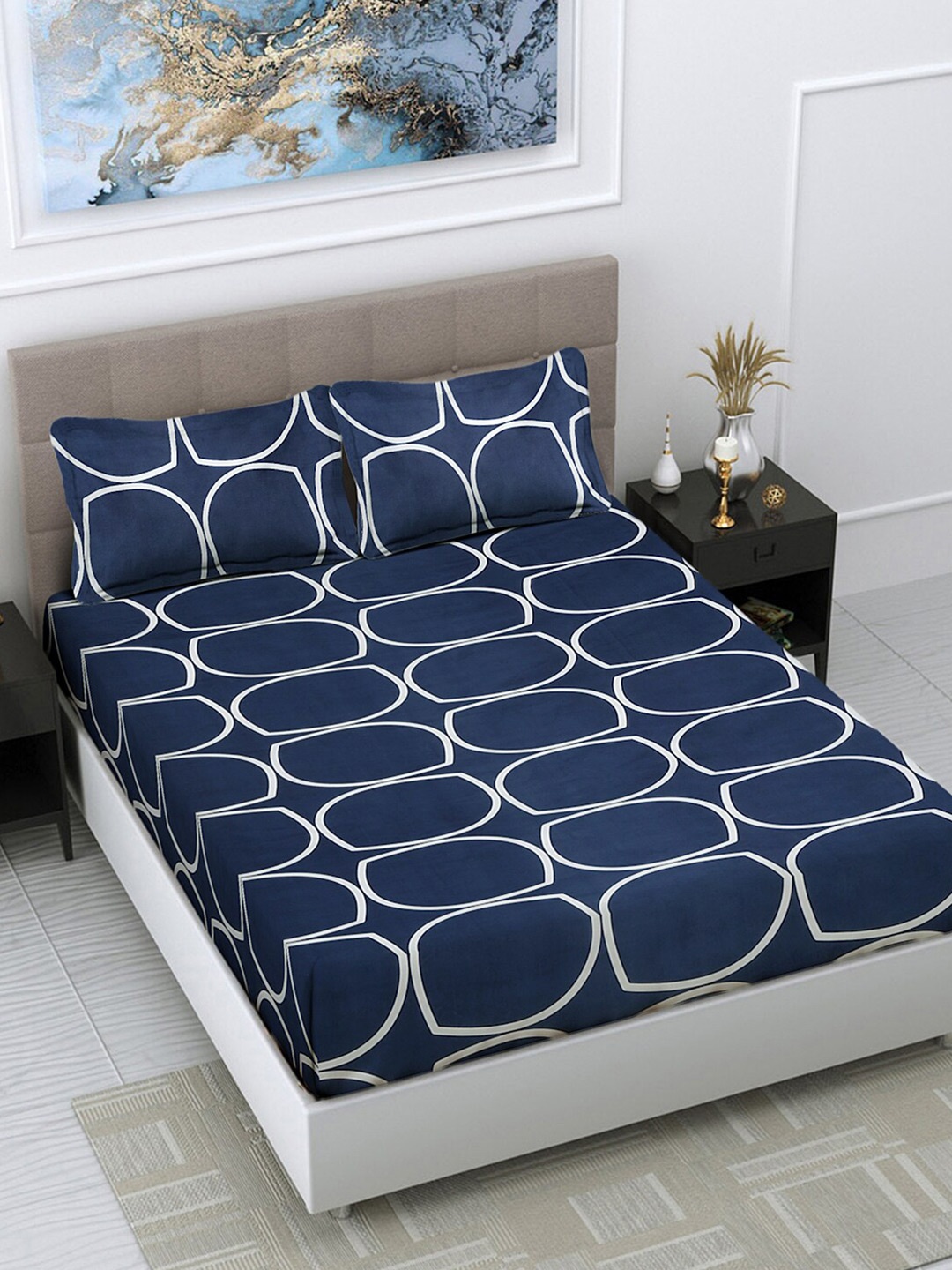 

FABINALIV Blue & White Geometric 300 TC King Bedsheet with 2 Pillow Covers