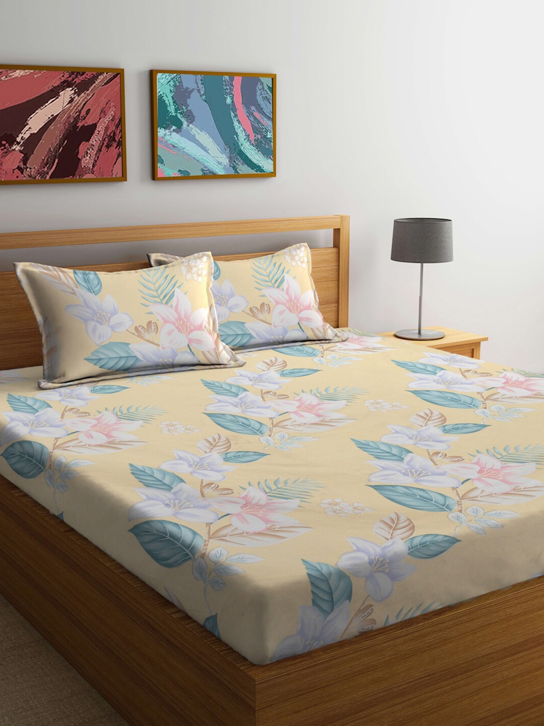 

FABINALIV Yellow & Blue Floral 300 TC King Bedsheet With 2 Pillow Covers