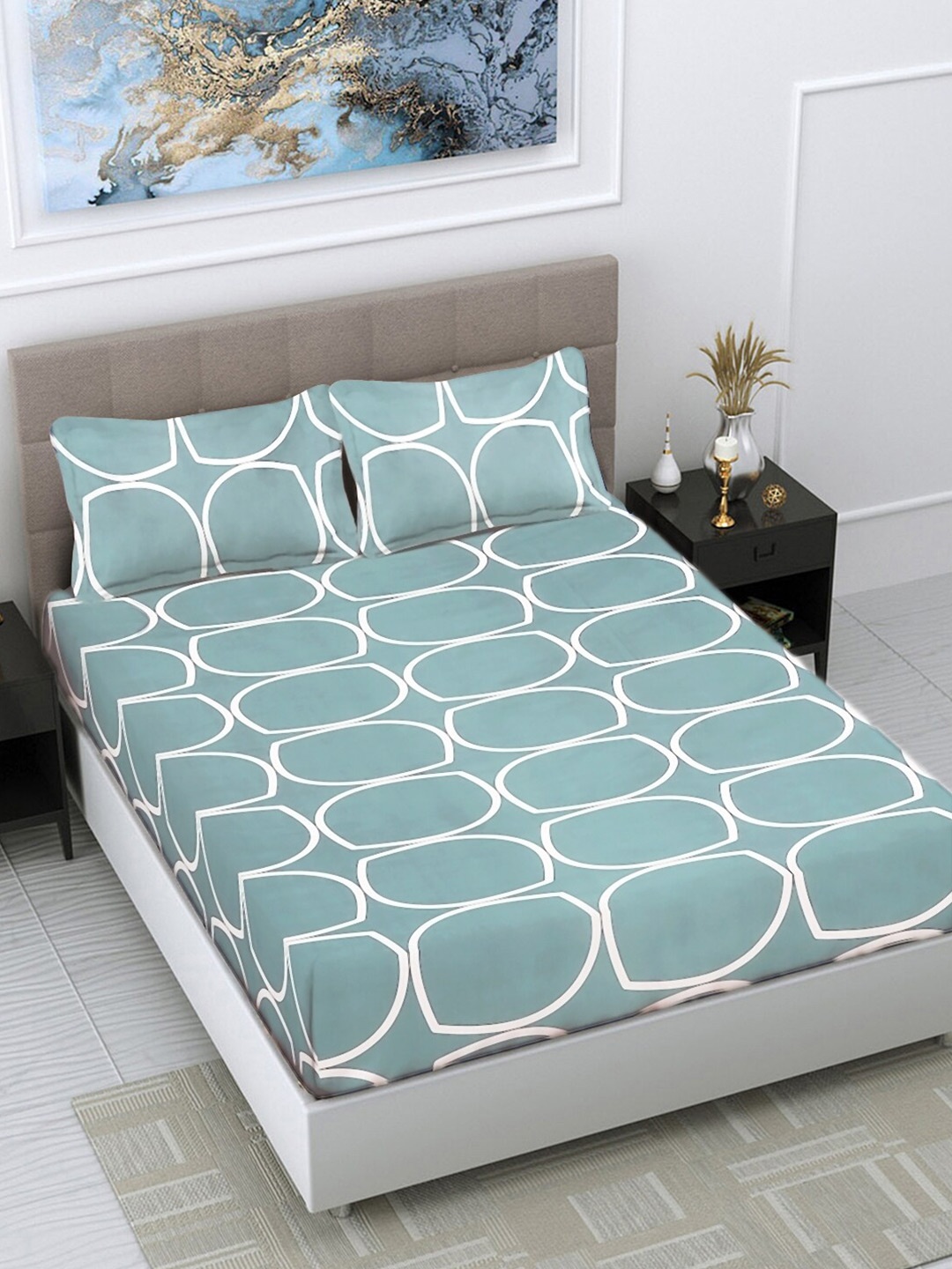 

FABINALIV Teal & White Geometric 300 TC King Bedsheet With 2 Pillow Covers