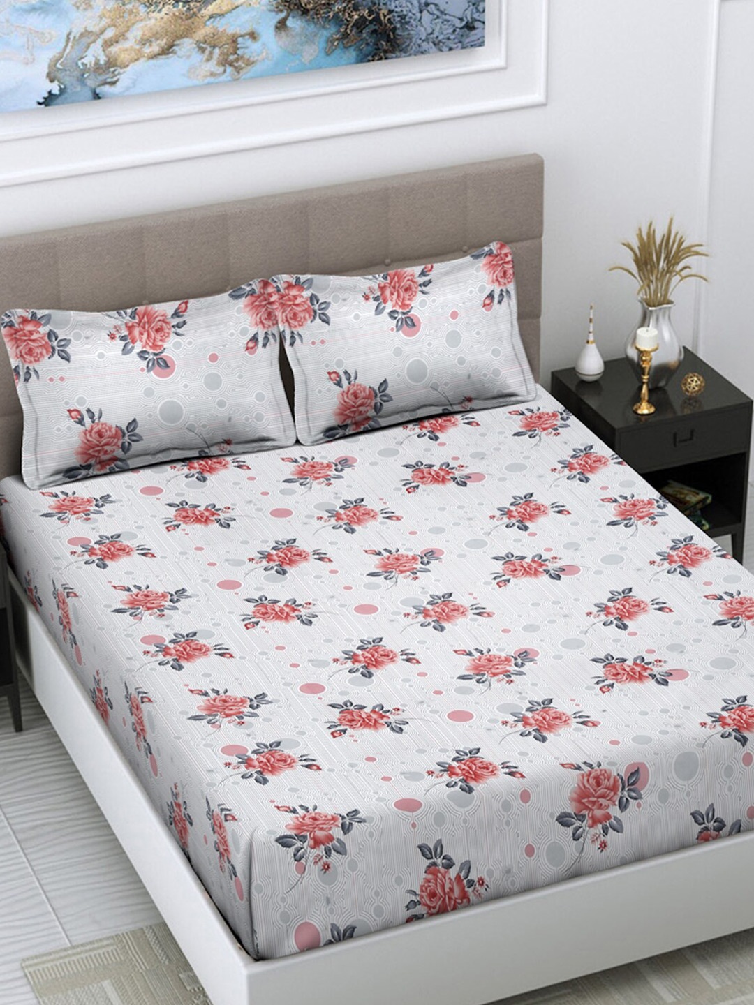 

FABINALIV Grey & Pink Floral 300 TC King Bedsheet With 2 Pillow Covers
