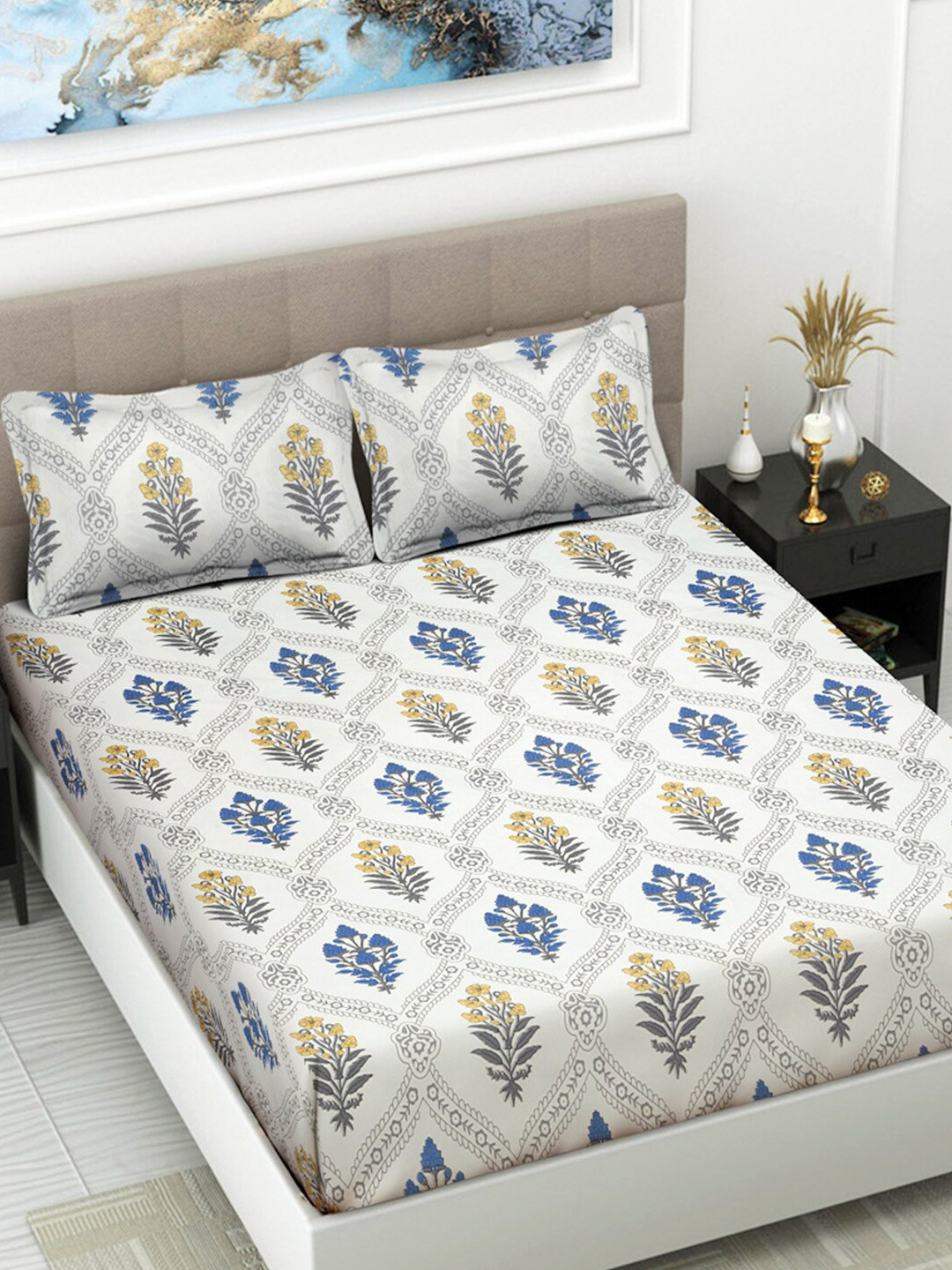 

FABINALIV White & Yellow Floral 300 TC King Bedsheet With 2 Pillow Covers