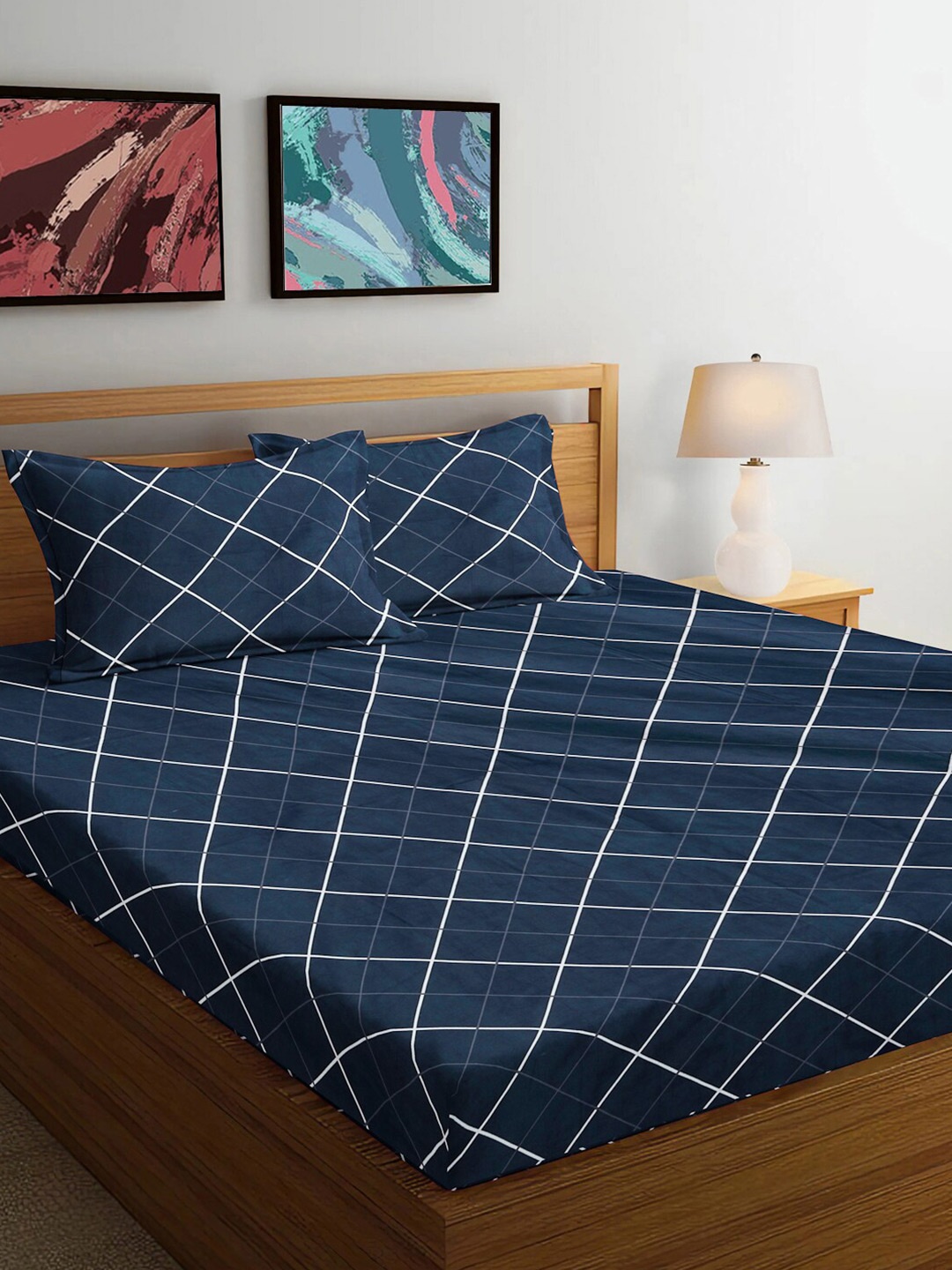 

FABINALIV Navy Blue & White Geometric 300 TC King Bedsheet with 2 Pillow Covers