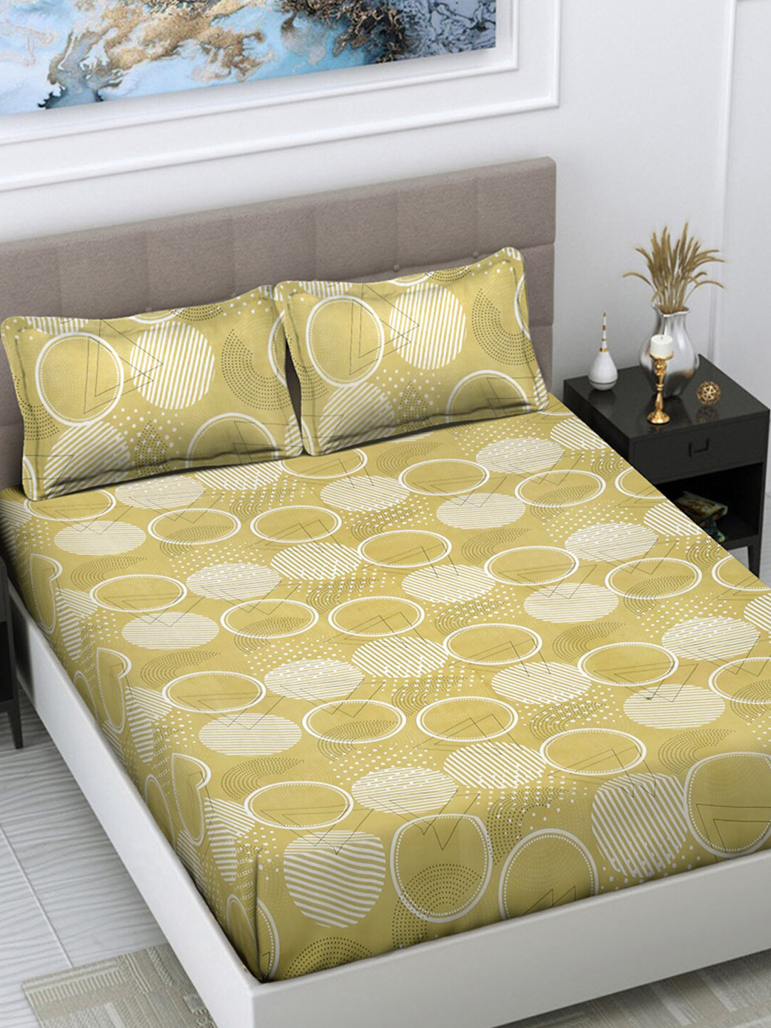 

FABINALIV Yellow & White Geometric Print 300 TC King Size Bedsheet & 2 Pillow Covers