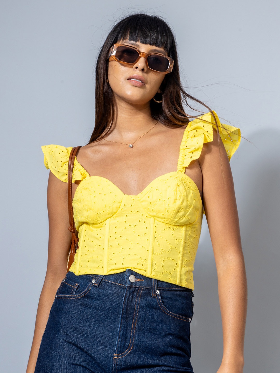 H&M Cotton Schiffli Corset Top, Yellow