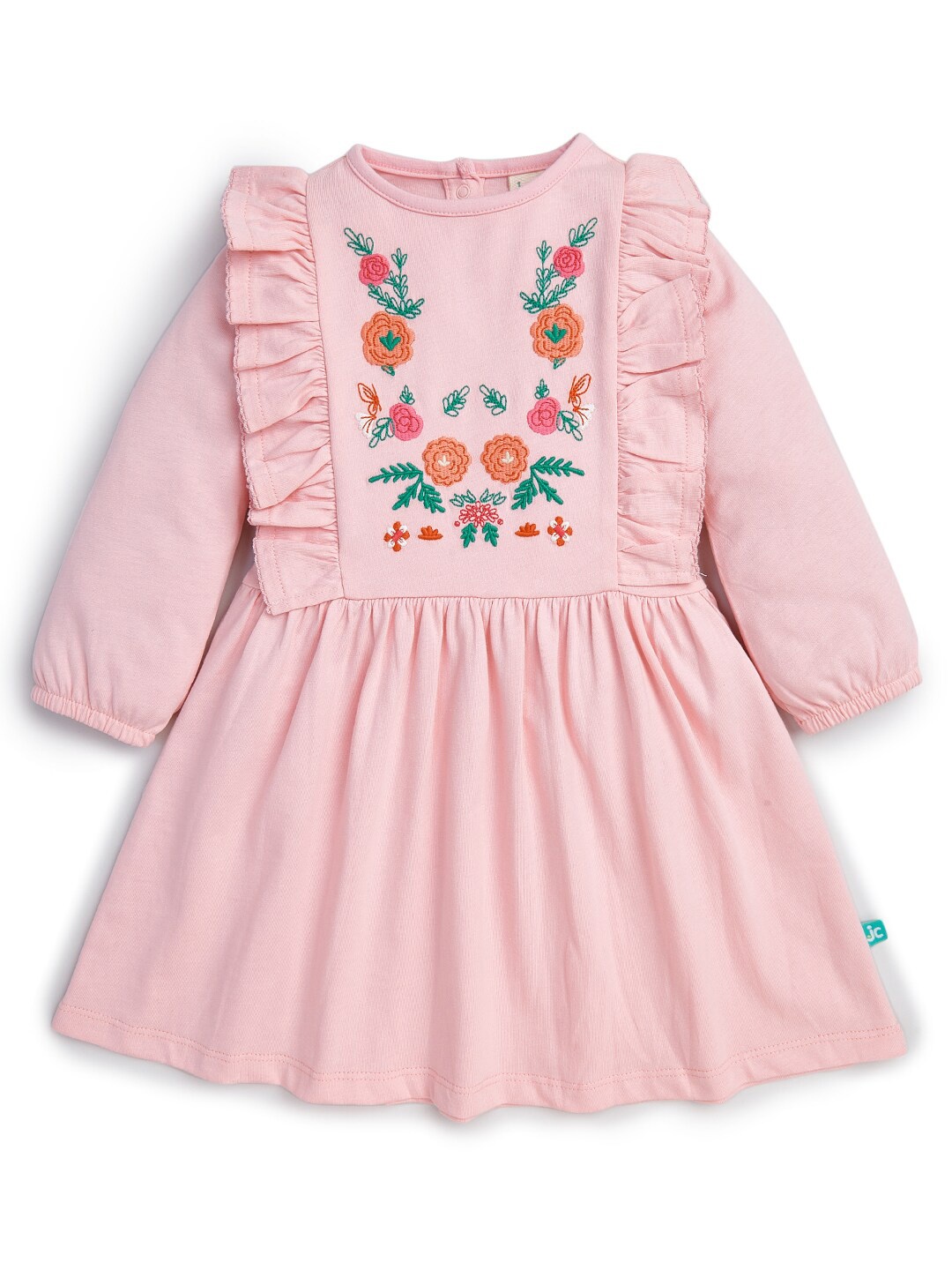 

JusCubs Floral Embroidered Puff Sleeves Ruffles Cotton Fit & Flare Dress, Pink