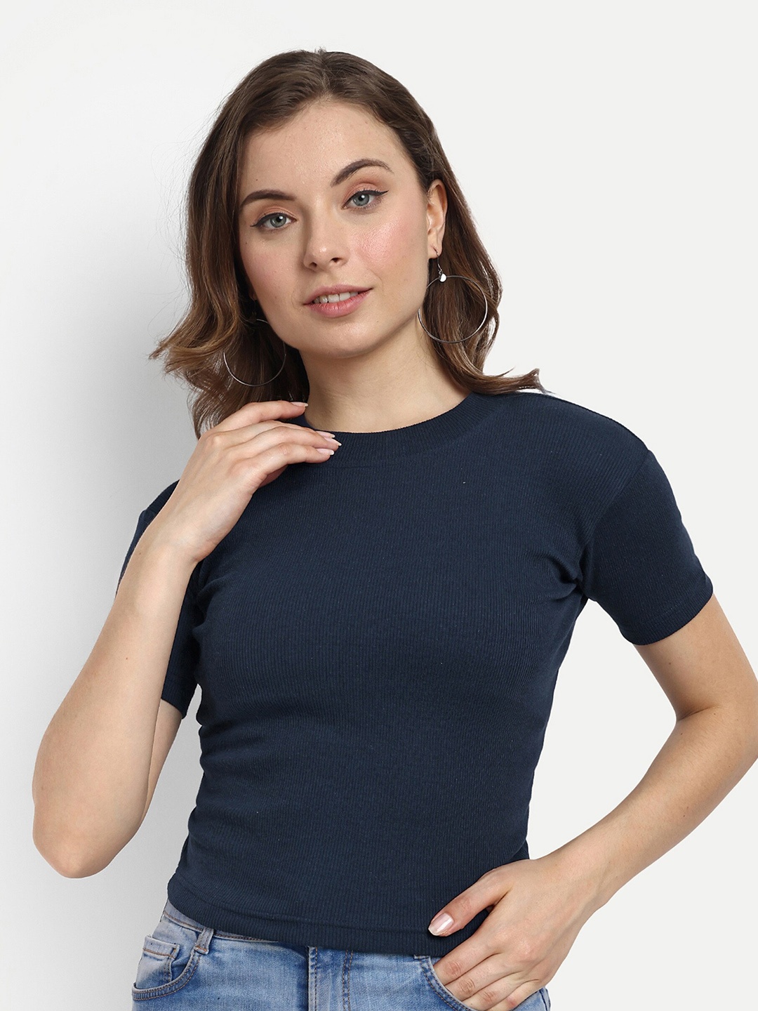 

FERY LONDON Ribbed Cotton Fitted Crop Top, Navy blue
