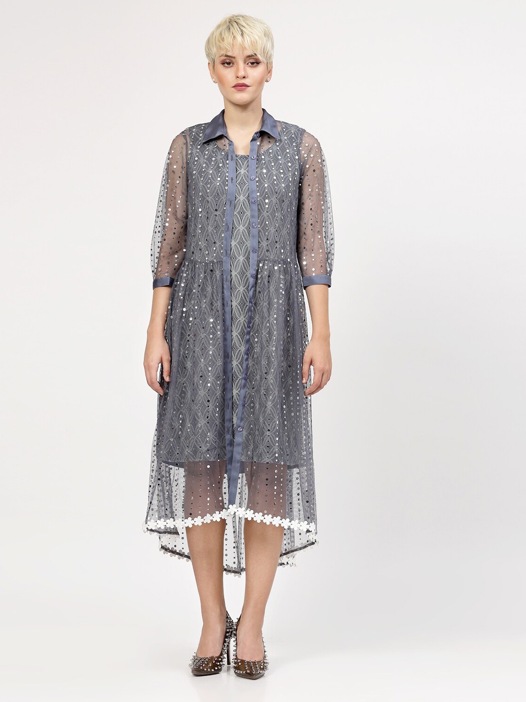 

LELA Self Design Lace Up Detail Fit And Flare Net Dress With Shrug, Blue
