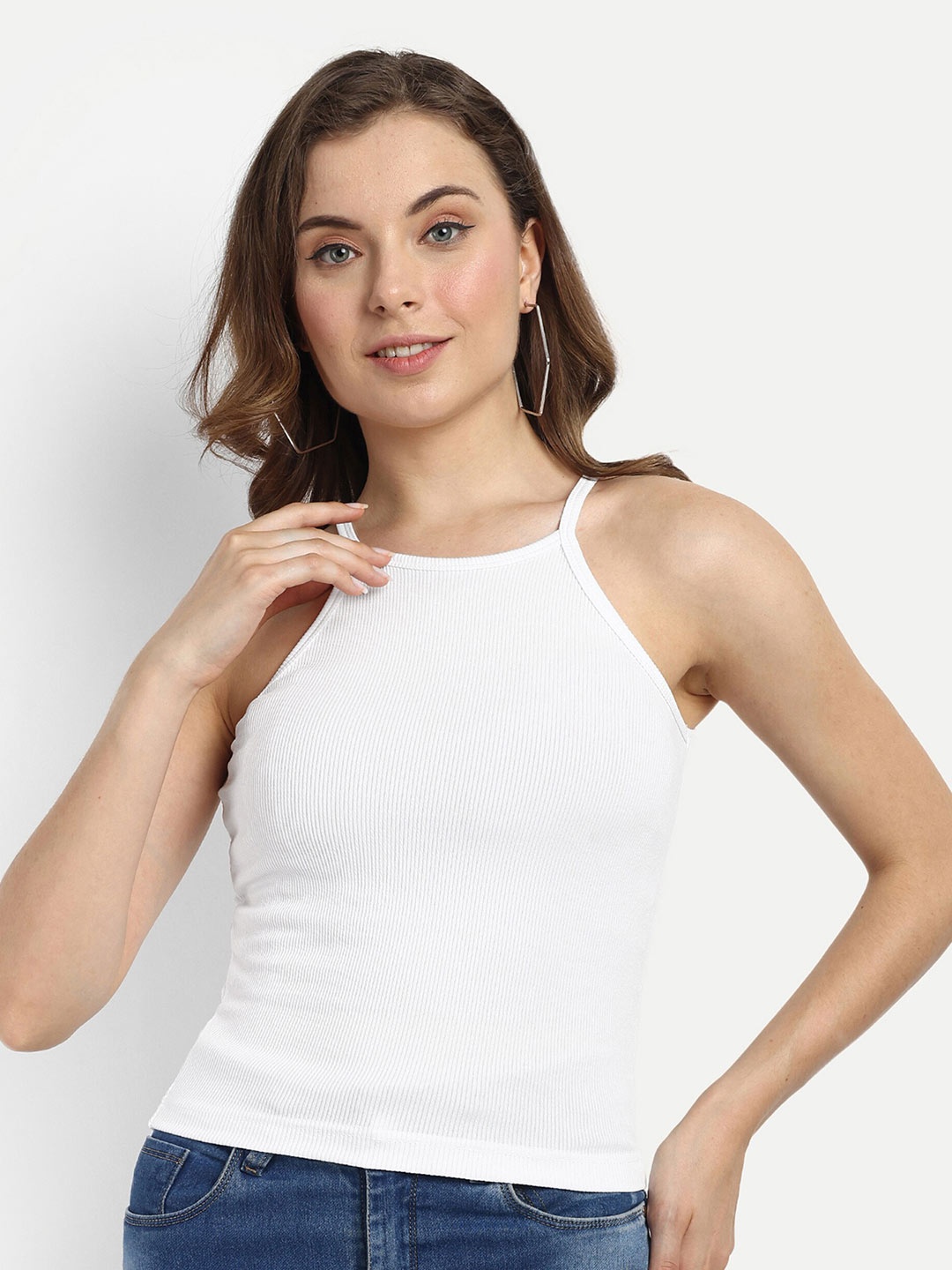 

FERY LONDON Shoulder Straps Ribbed Cotton Fitted Crop Top, White