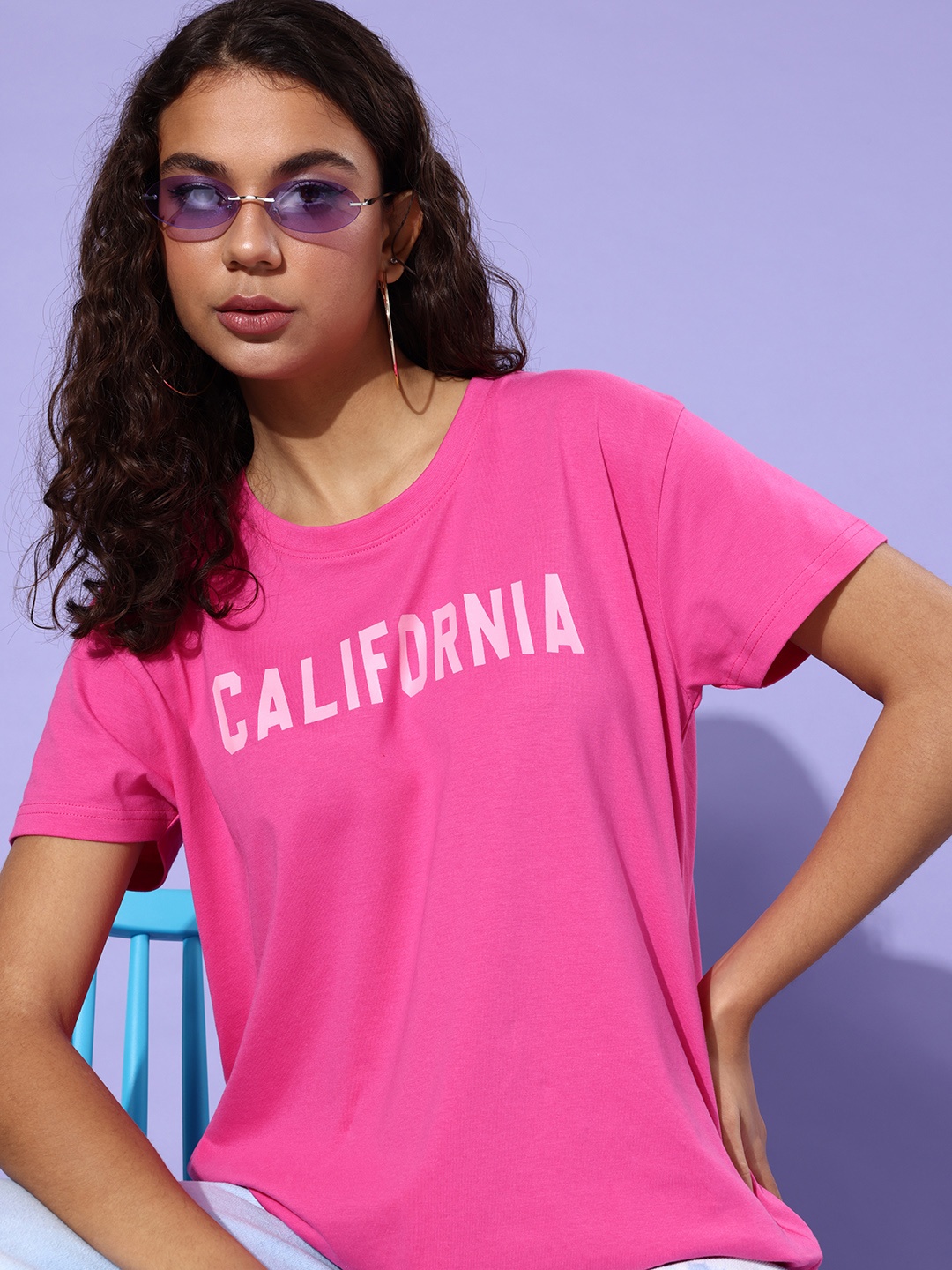 

DILLINGER Women Typography Printed Pure Cotton Boxy T-shirt, Fuchsia